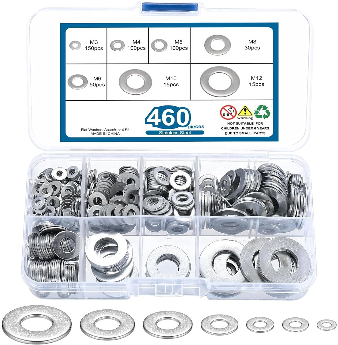 SnelShoppen - 460-delige Rvs Ringenset, Carbon Staal, Vlakke Wasmachines Assortiment M3-M12, Metaal Spacers en Bevestigingsringen voor Klussen en Repa