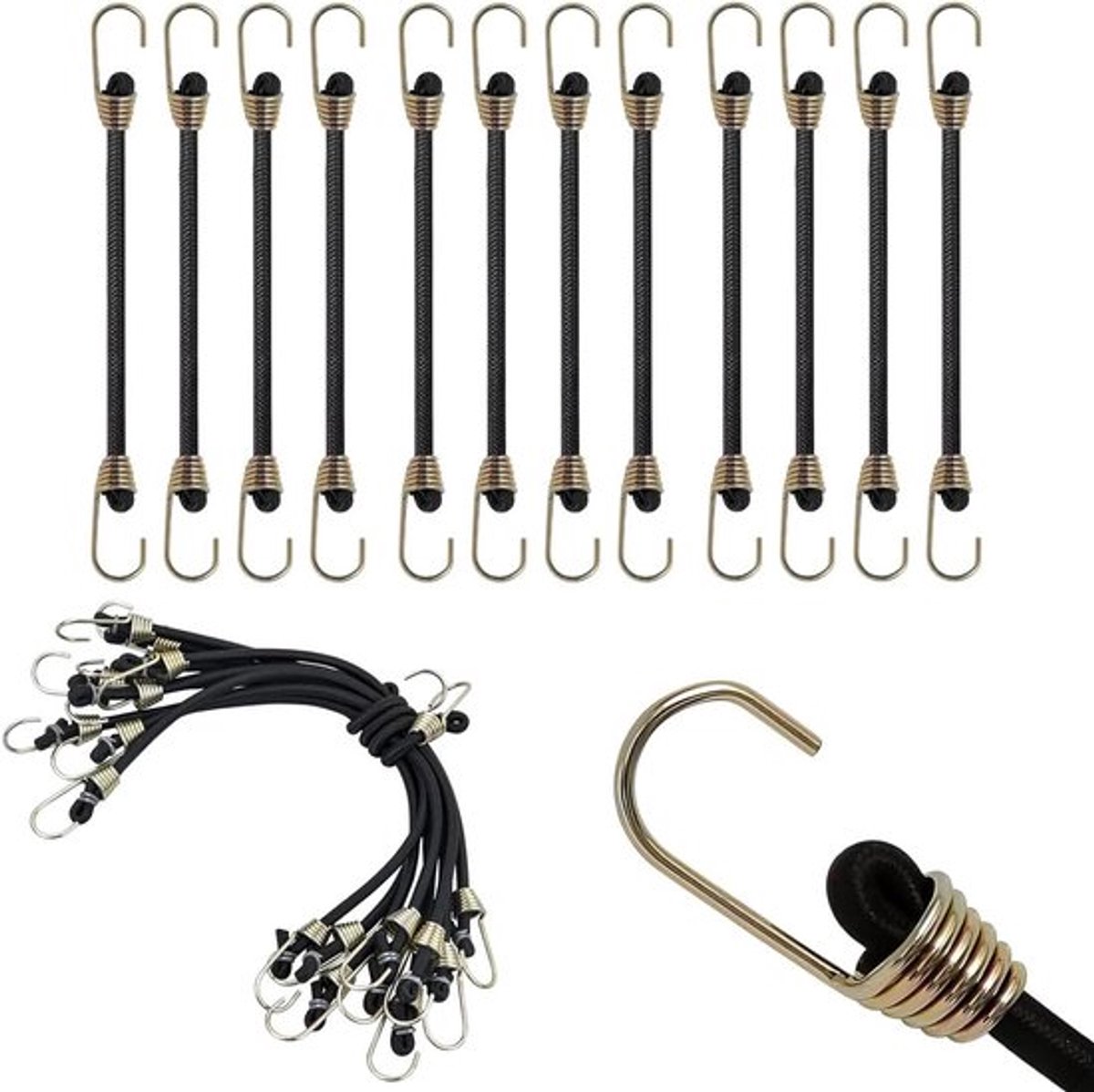 Verstelbare Expander Spanbanden met Haken - Set van 12 - Multifunctioneel Zwart Rubberen Touw