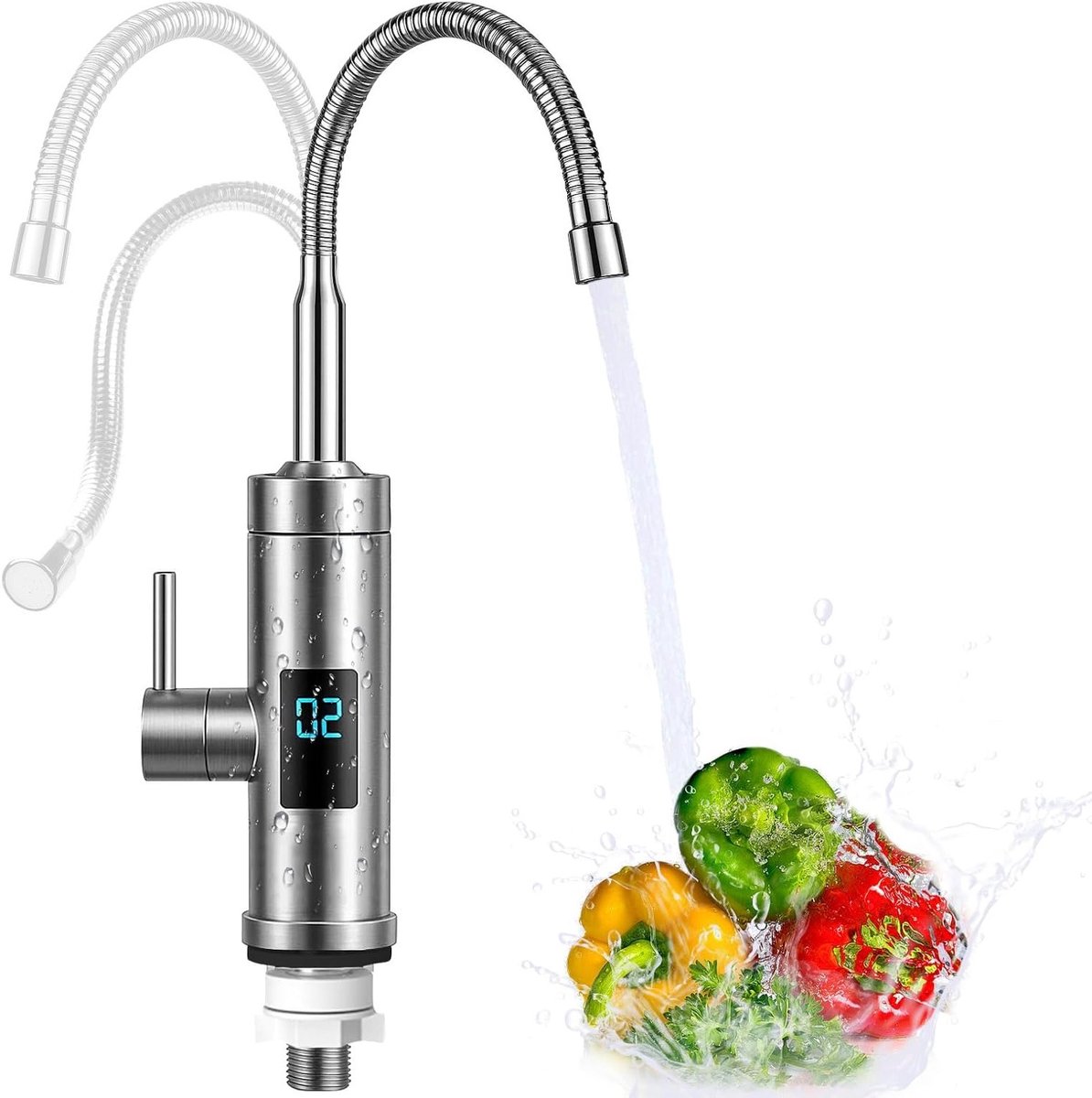Elektrische Waterkraan met Doorstroomverwarming, 360° Draaiend, 3000 W, Digitale LCD Temperatuurweergave, RVS, Ideaal voor Keuken, Tuin en Caravan