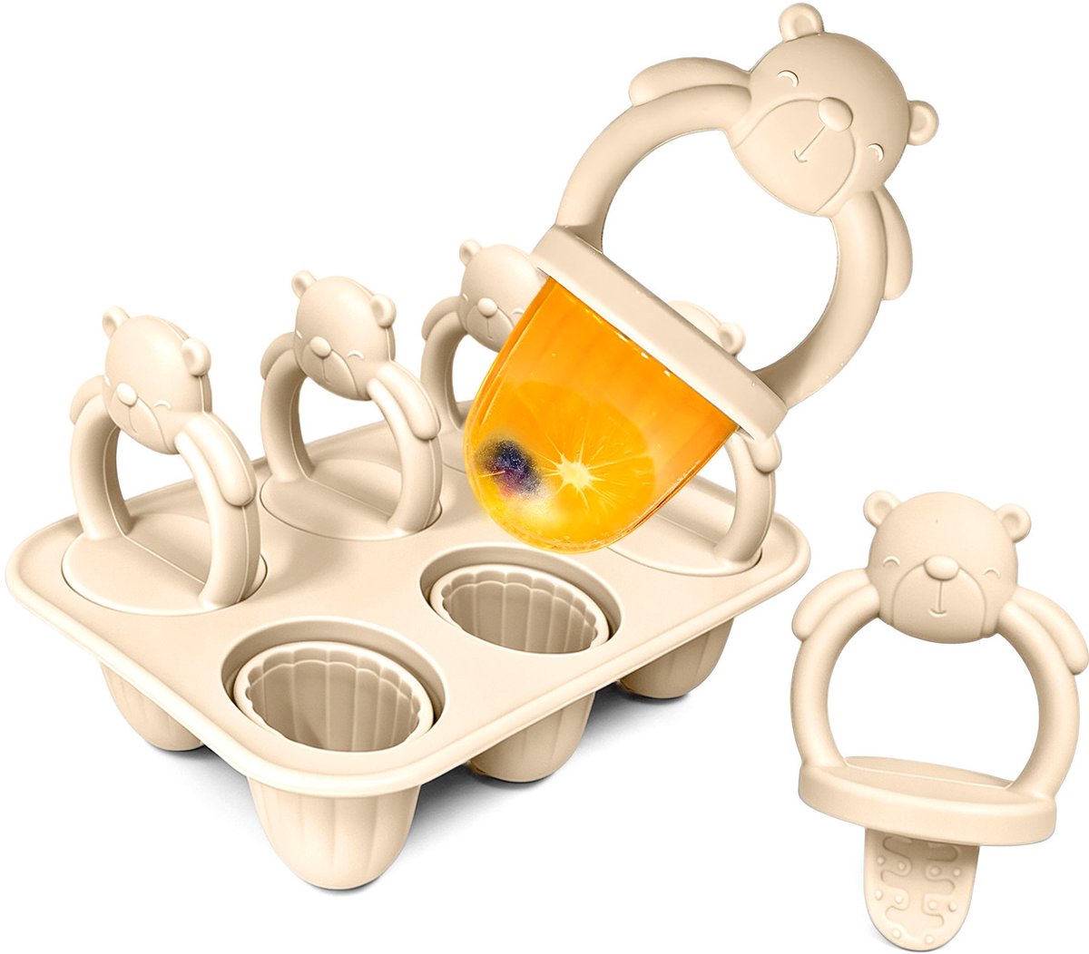 Siliconen ijsjesvorm voor kinderen - 6 vormpjes (elk 17 ml) - Mini BPA-vrije, kindveilige vorm - Inclusief bijtstokjes - Geschikt voor de vriezer en voor peuters - Maak ijsjes of yoghurtijsjes - Beige