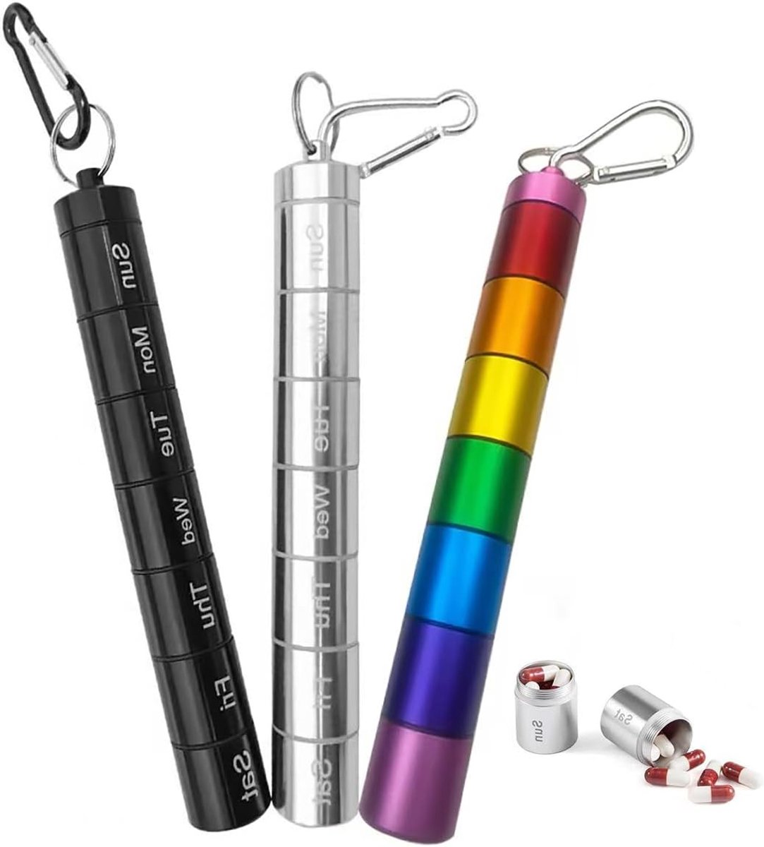 Tablettenbox voor 7 dagen - Aluminium pillendoos met 7 vakken, medicijn-organizer, waterdicht en met sleutelhanger en karabijnhaak