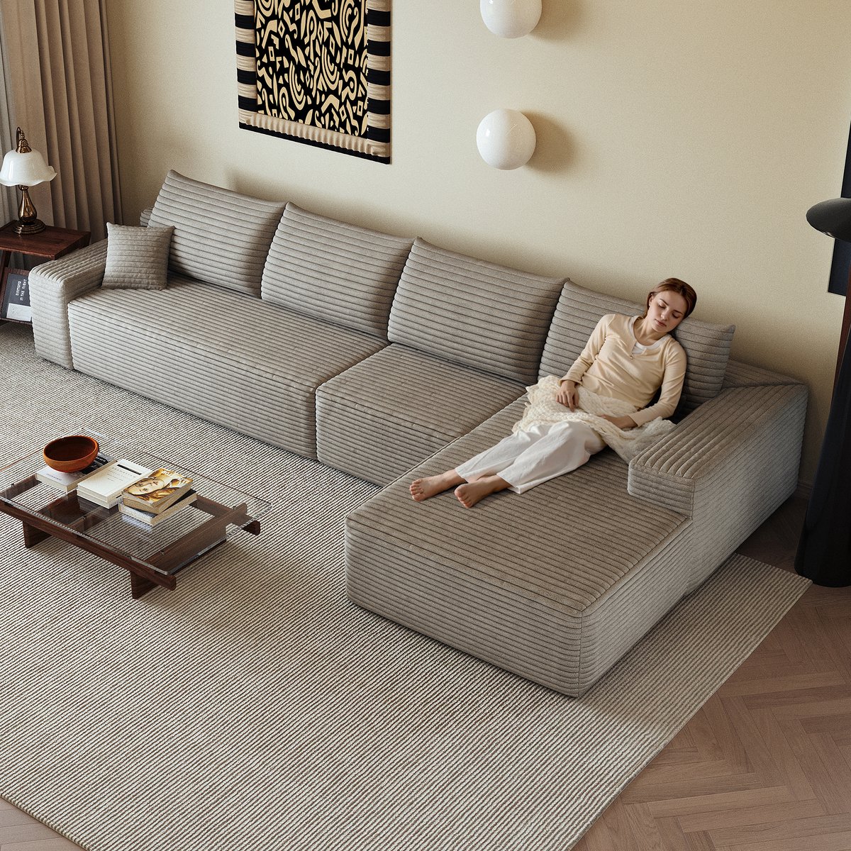 Hoekbank Modulaire Zitbank In Kameel - L Vormige Chaise Longue - Zonder Montage - Voor Woonkamer En Appartement - Stof