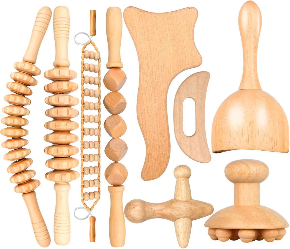 SnelShoppen - 9 in 1 Houten Massage Tool Set voor Lichaamsvormgeving, Maderotherapie Anti-Cellulite, Lymfedrainage Roller Kit voor Benen en Buik