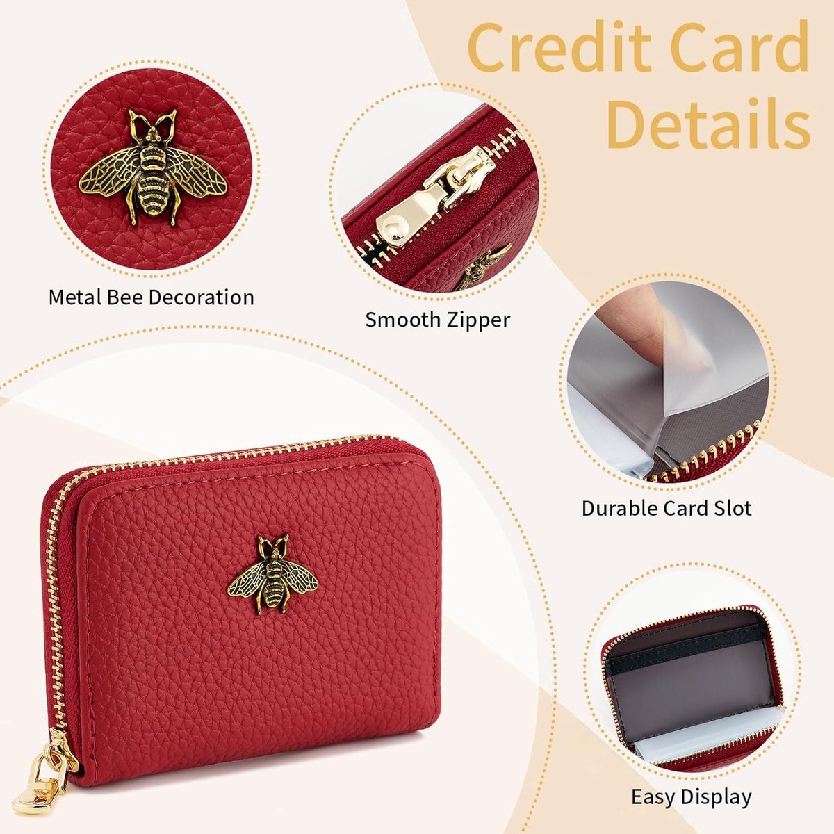 SnelShoppen - Dames Creditcardhouder RFID Bescherming, Zipper Portemonnee voor Professioneel Gebruik, Rood, Duurzaam en Zacht, Ideaal voor Reizen en D