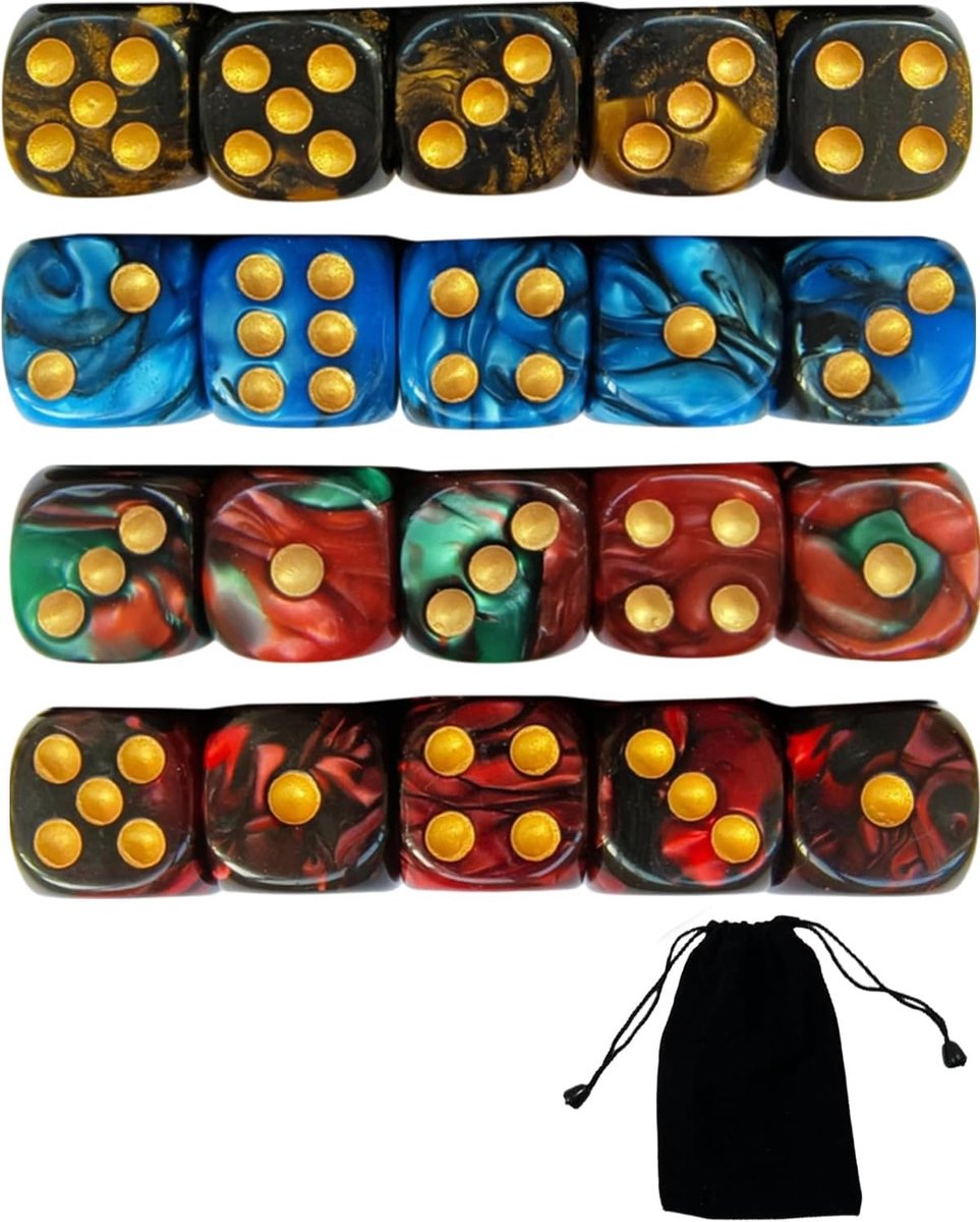 SnelShoppen - 20-delige Kleurrijke D6 Dobbelstenen Set 16mm Acryl voor Bordspellen, DND RPG, Wiskunde Educatie, Cadeau (Blauw/Zwart/Rood/Groen)