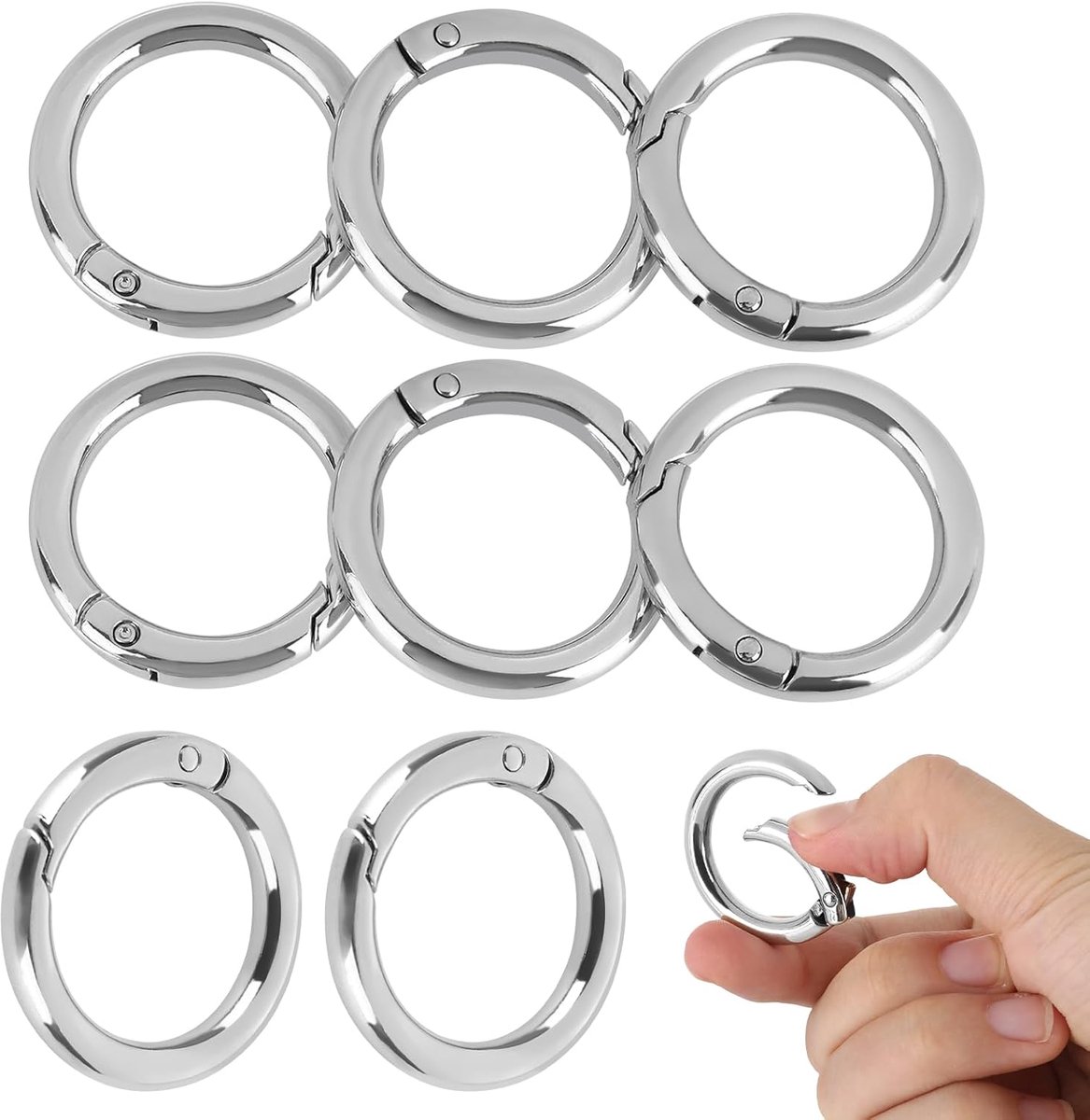 SnelShoppen - 8x Ronde Carabiner Haakjes 35mm - Sleutelhangers, Rugzak Haken, Hondenriem Koppelingen - Zinklegering - Zilver
