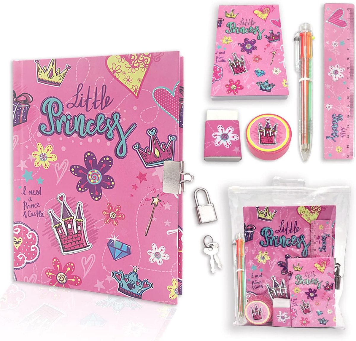 SnelShoppen - Schattig Prinsessen Dagboek met Slot voor Meisjes, Hardcover Notitieboek Set met 17.7x13cm Notitieboek, Glitterpen, Mini Notitieboek, Li
