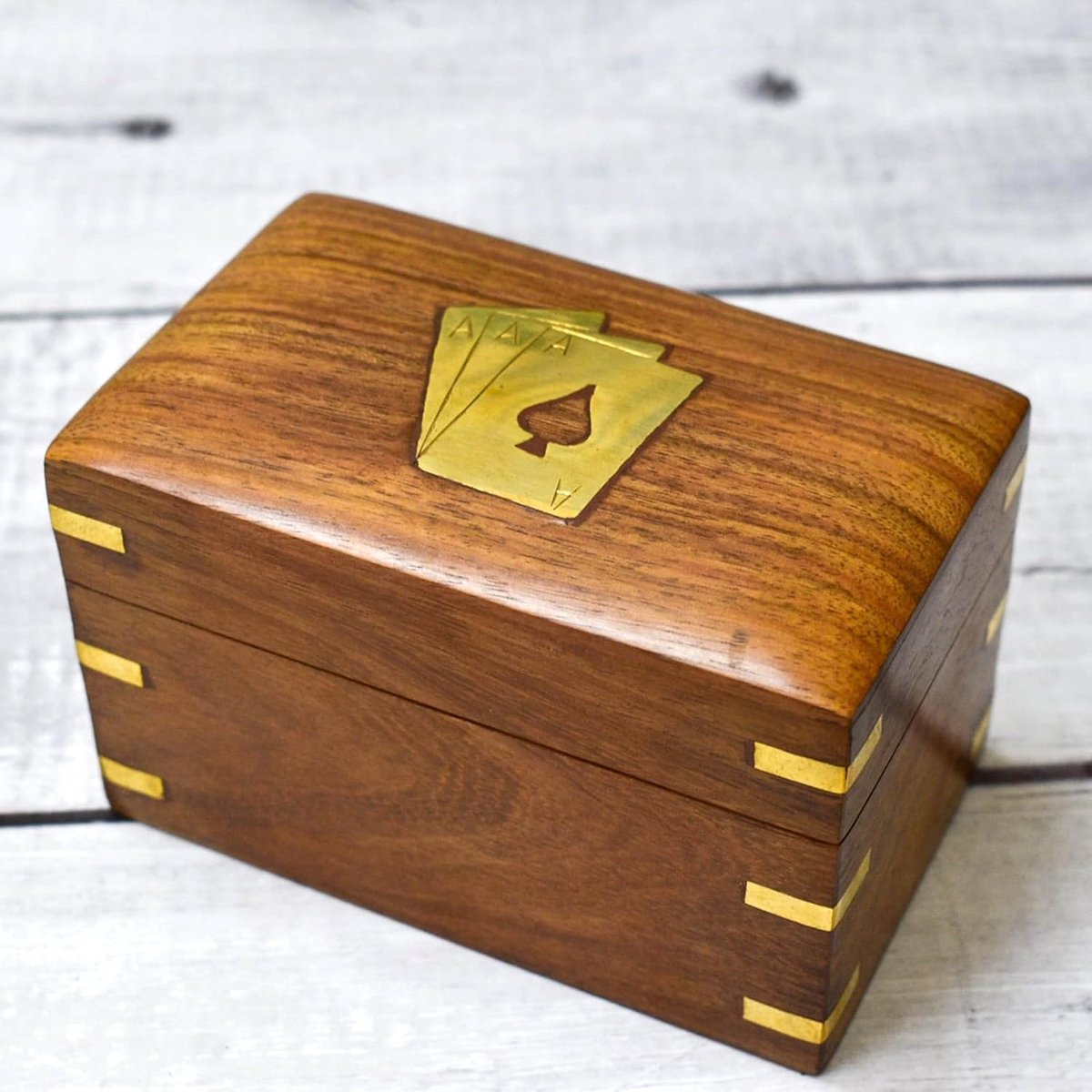 SnelShoppen - Handgemaakte Houten Speelkaarten Opbergdoos - Dubbele Kaartenhouder met Messing Ontwerp - Perfect voor Poker, Bridge en Rommé - Inclusie
