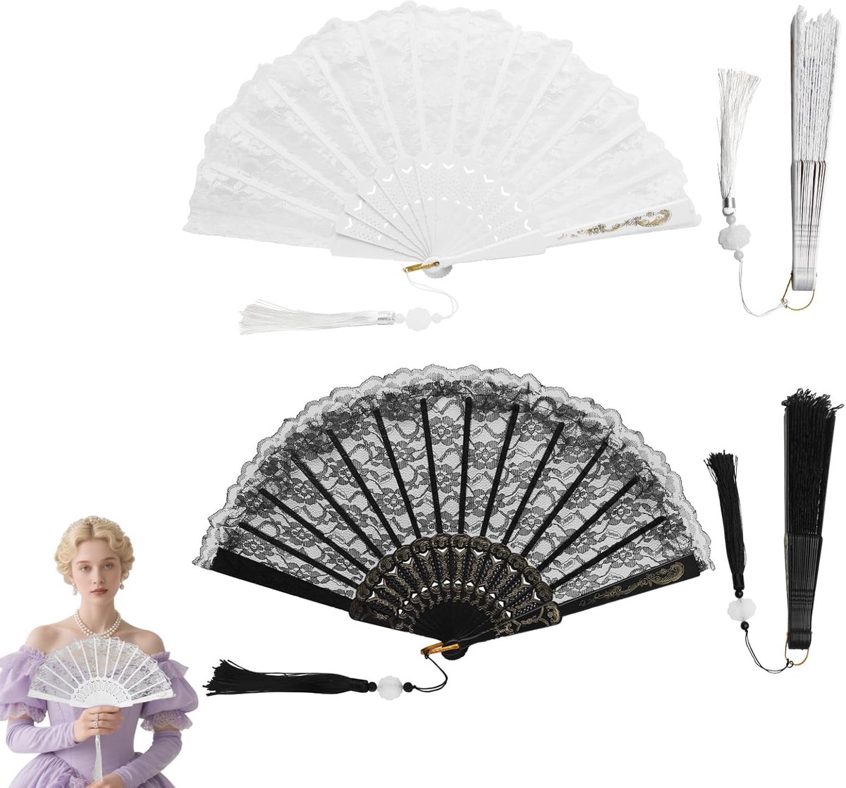 SnelShoppen - Elegante Lace Hand Fan Set - Vouwen Fans voor Bruiloft, Feest, Prom, Carnaval - Witte en Zwarte Kant Fans - Compacte Vouwbare Fans voor