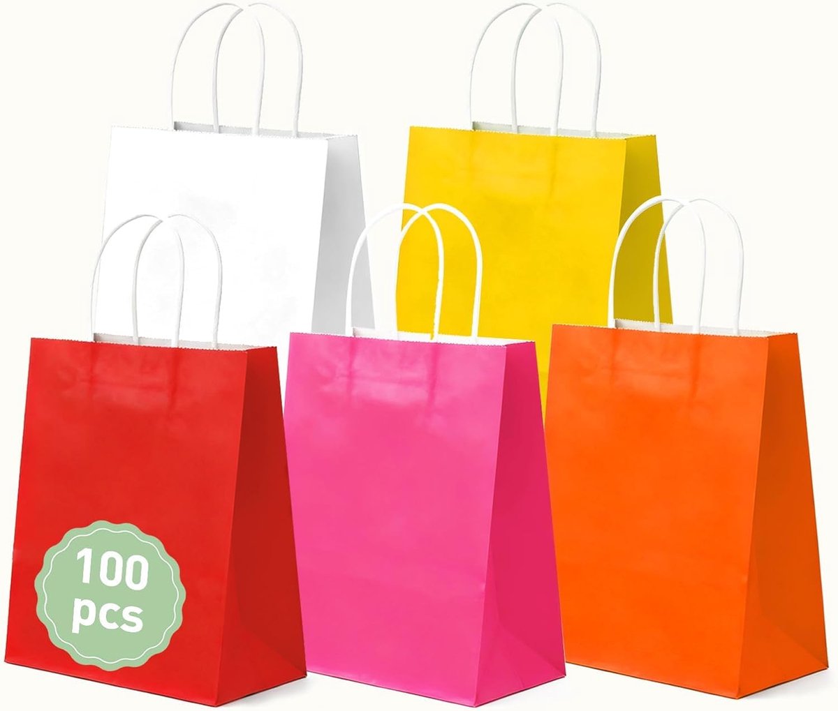 SnelShoppen - 100 Stuks Kleurige Papieren Tassen - Stevige Kraft Papieren Zakjes - 5 Kleuren - Ideaal voor Feesten, Cadeaus, Kruideniers en meer
