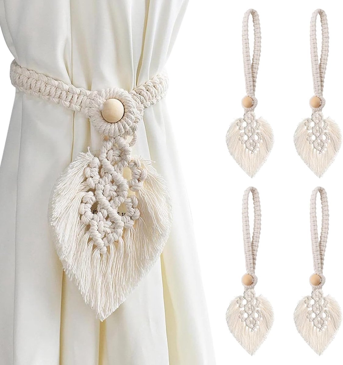 SnelShoppen - Boho Gordijnhouders Set van 4 - Handgeweven Katoenen Touw met Houten Kralen - Beige Macrame Gordijntouwen voor Woonkamer, Kantoor, Slaap