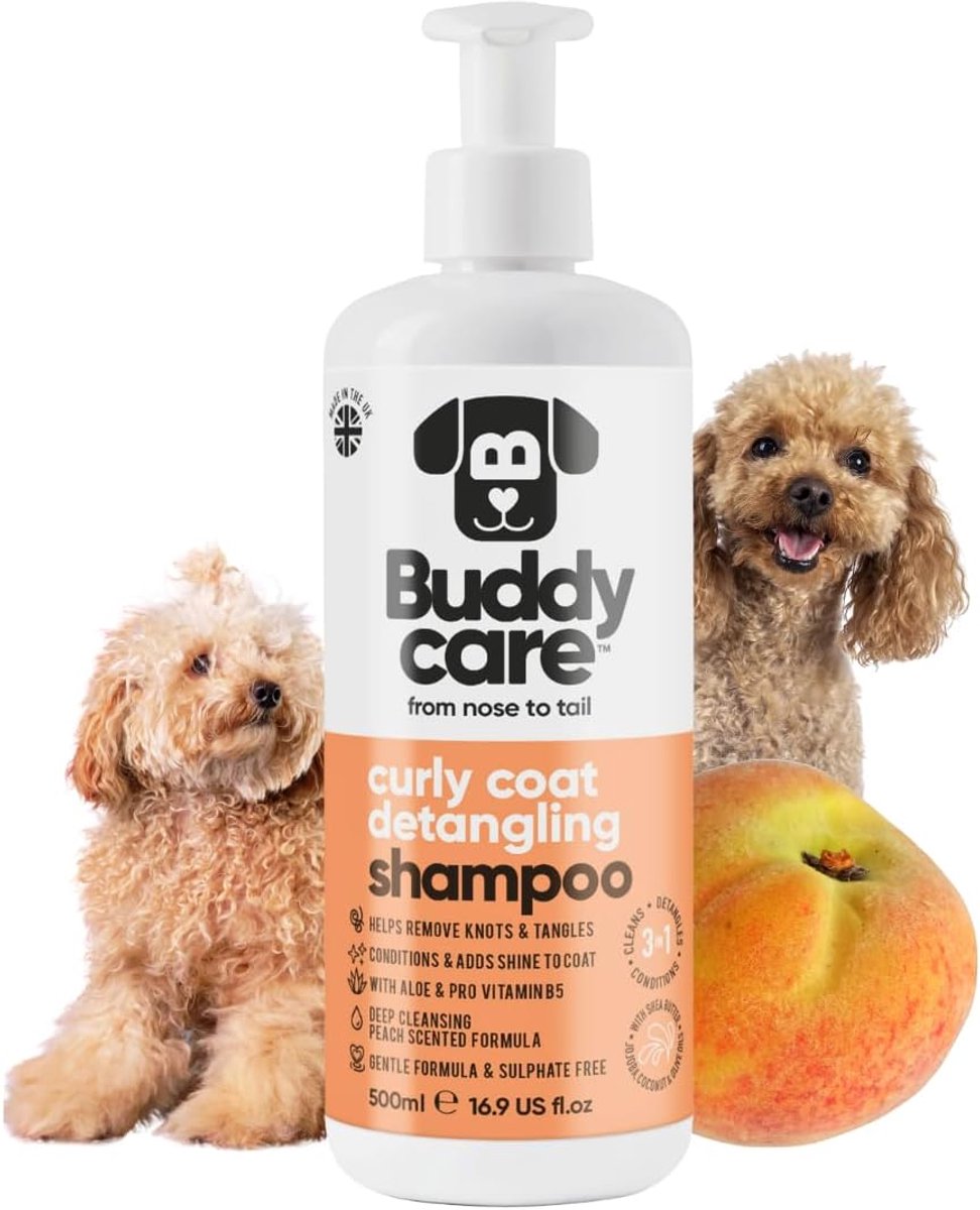 SnelShoppen - Curly Coat Ontklittende Hondenshampoo | Diep Reinigende Shampoo voor Honden | Perzik Geur | Met Aloë Vera en Provitamine B5 (500ml)