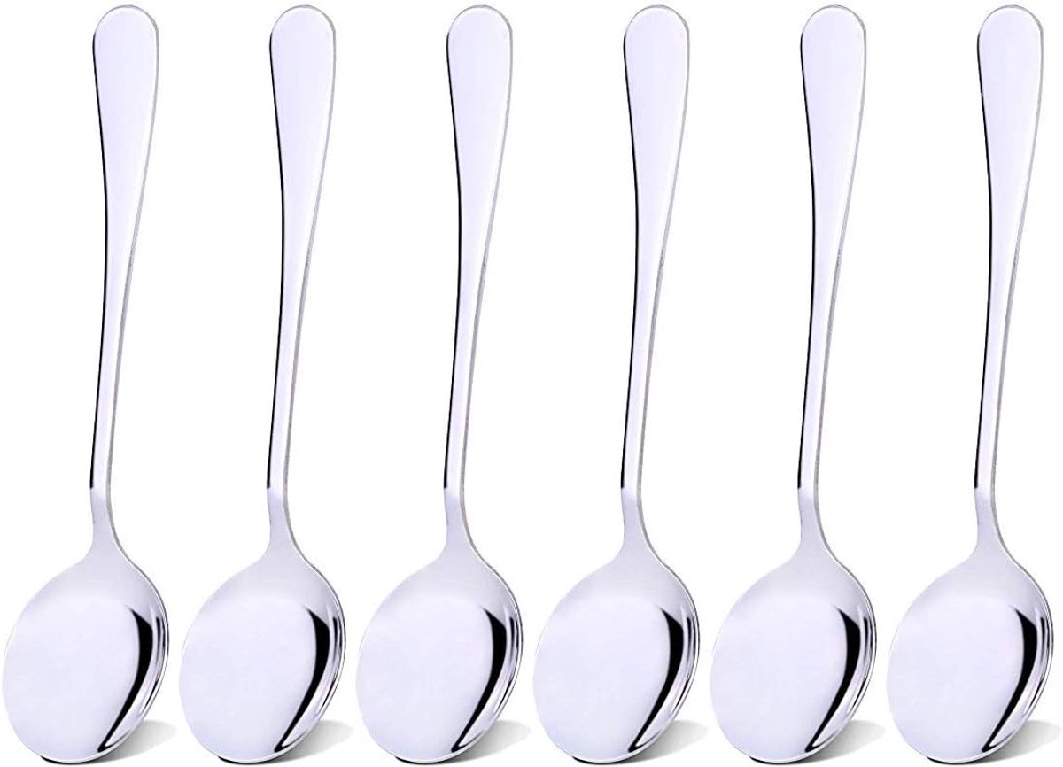 SnelShoppen - Set van 6 Ronde RVS Soeplepels 18cm, Duurzaam en Glanzend, Ideaal voor Thuis, Restaurant en Kantoor