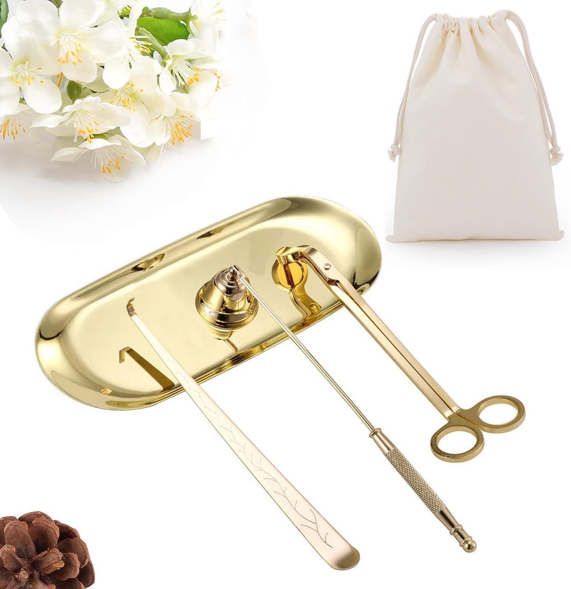 SnelShoppen - 4 in 1 Kaarsenonderhoudset - Kaarsenwick Trimmer, Kaarsenstopper, Kaarsendipper met Opruimtray - Gouden Kaarsaccessoires voor Aromathera