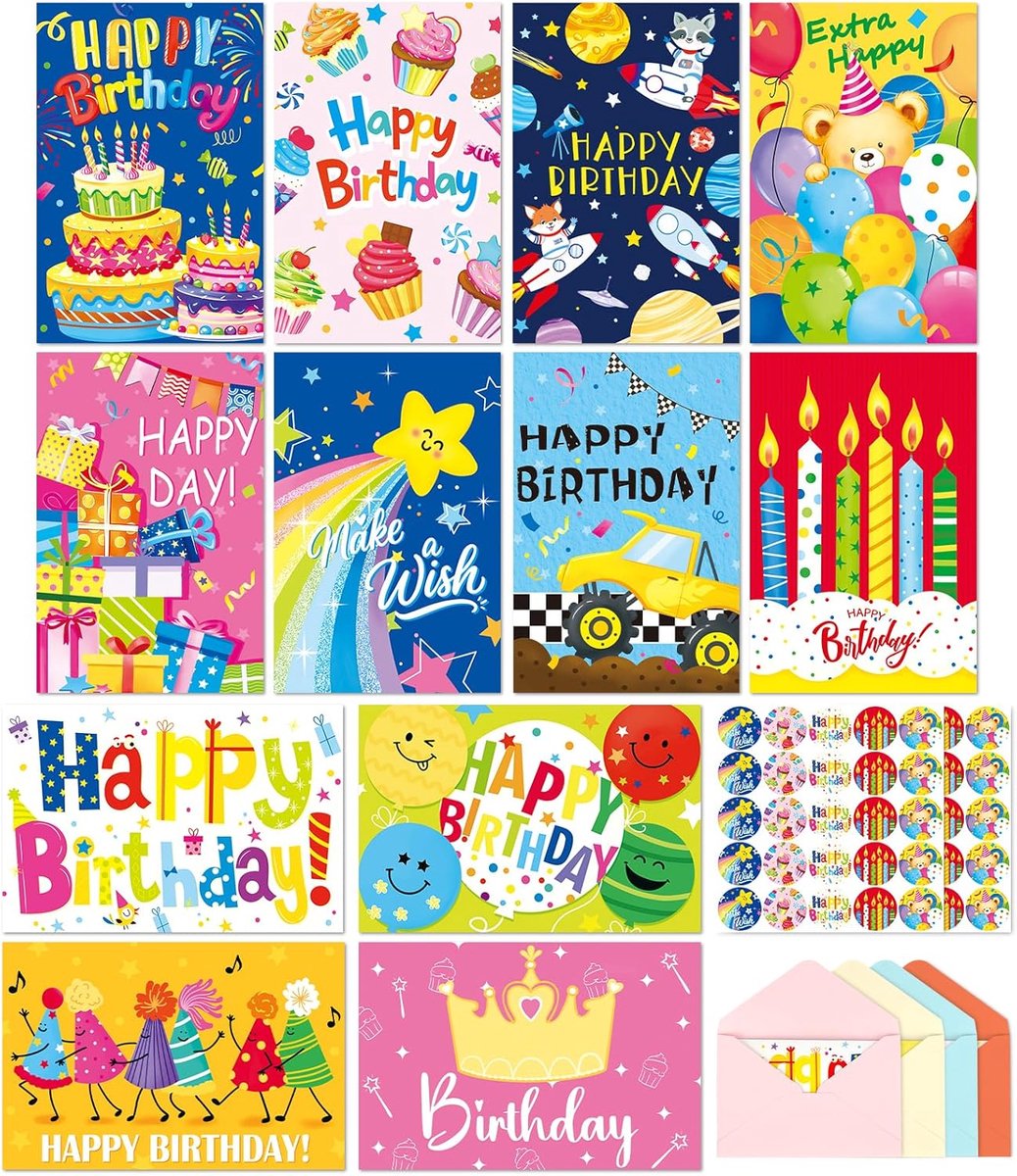 SnelShoppen - 48 Verjaardagskaarten Assortiment - 12 Unieke Ontwerpen - Inclusief 50 Stickers en 48 Enveloppen - Hoogwaardige Papier 10x15 cm voor Vri