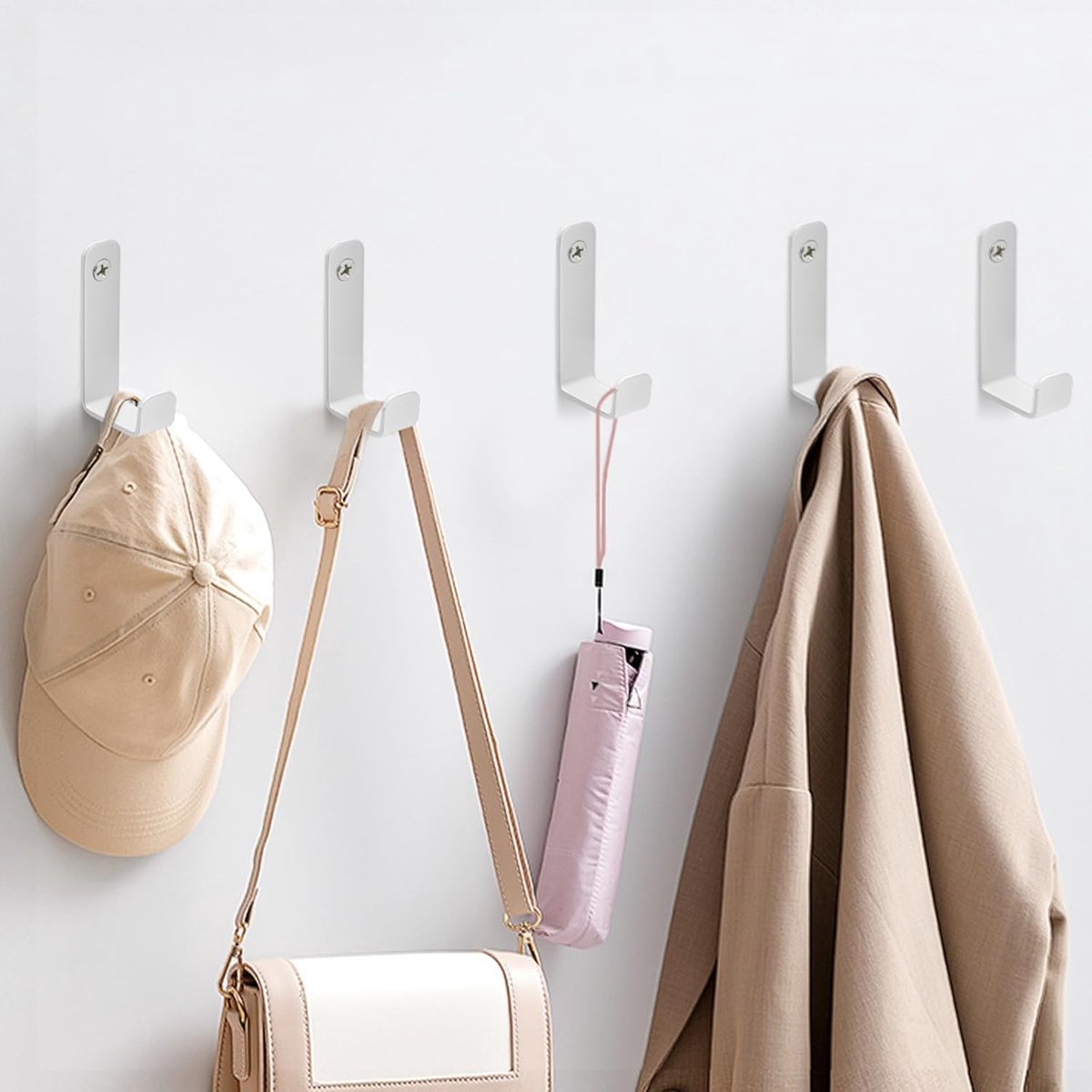 SnelShoppen - Set van 5 Witte Kledinghaken met Bevestigingsschroeven - Modern Muurhaken voor Kleding, Jassen, Doeken en Sjaals - L-vormig Ontwerp, Hoo