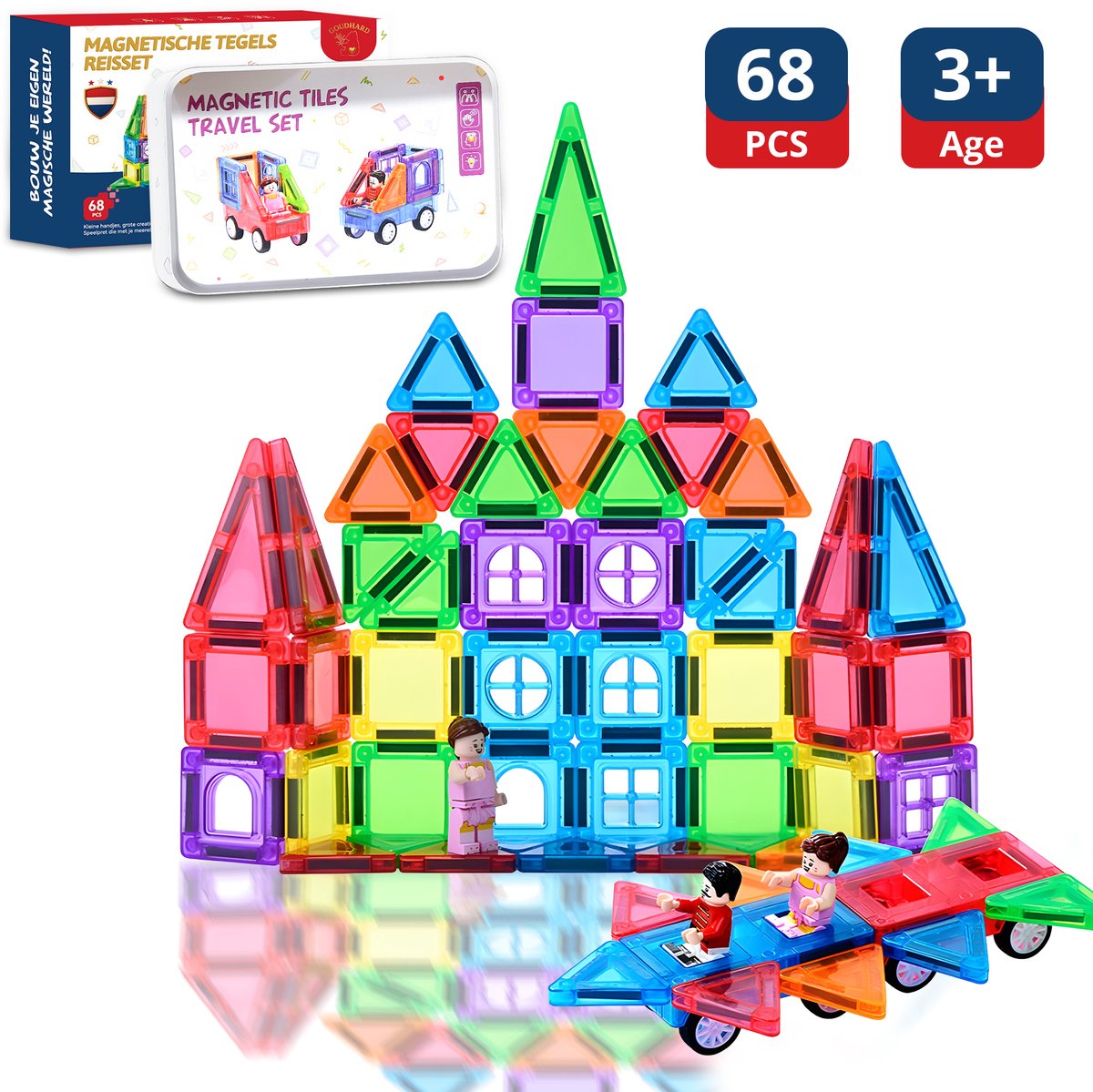 GOUDHARD® Magnetic Tiles - Magna Tiles Travel Set - Racebaan - 68 stuks - Magnetisch Speelgoed - Constructiespeelgoed - Educatief & Montessori - Magnetische Tegels - Bouwstenen - Mini - Inclusief Opbergdoos en 2 auto’s