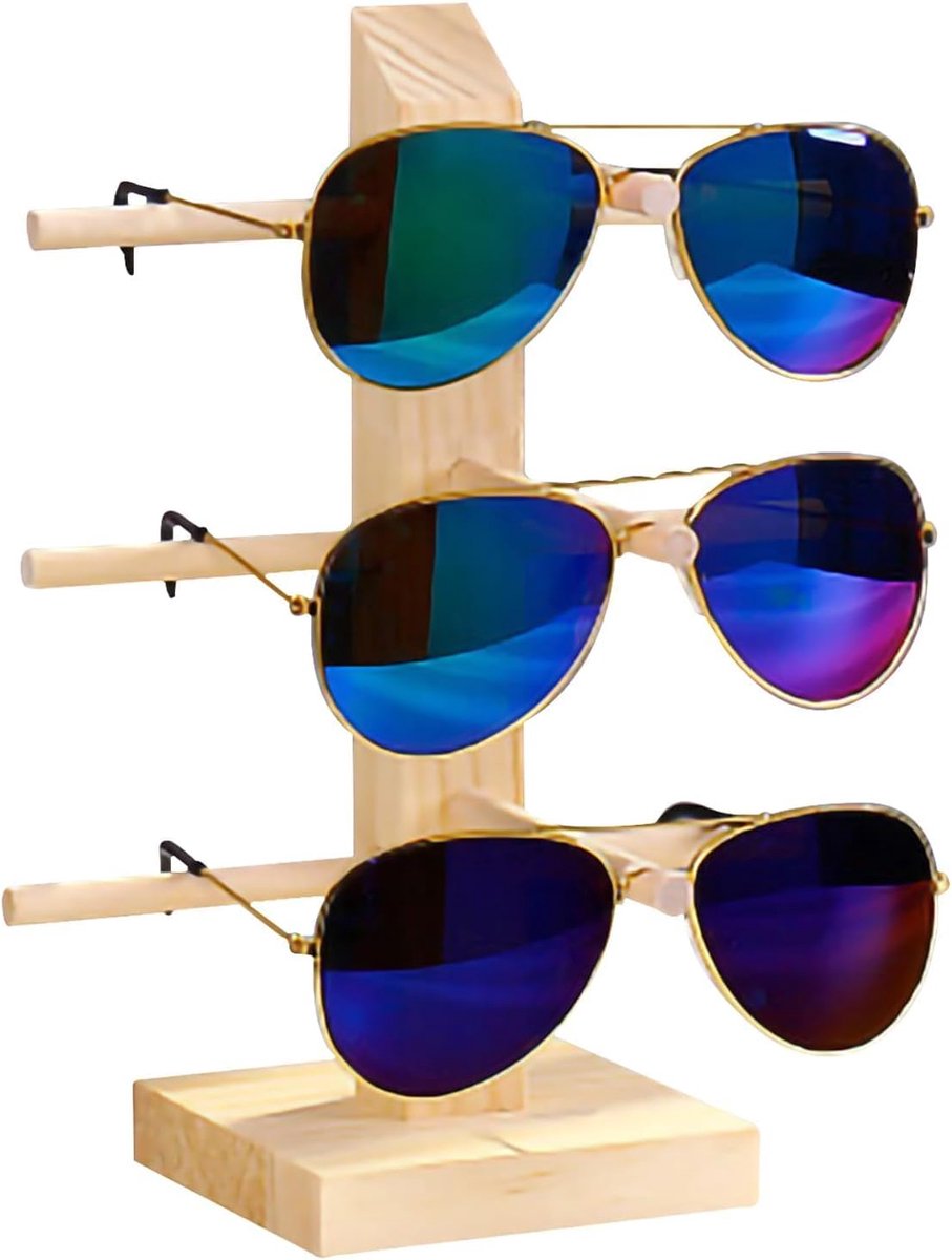 SnelShoppen - Houten Zonnebrilstandaard, Brilhouder Organizer voor 3 Paren, Ideaal voor Thuis en Opticien, Antislip Groeven, Duurzaam Design
