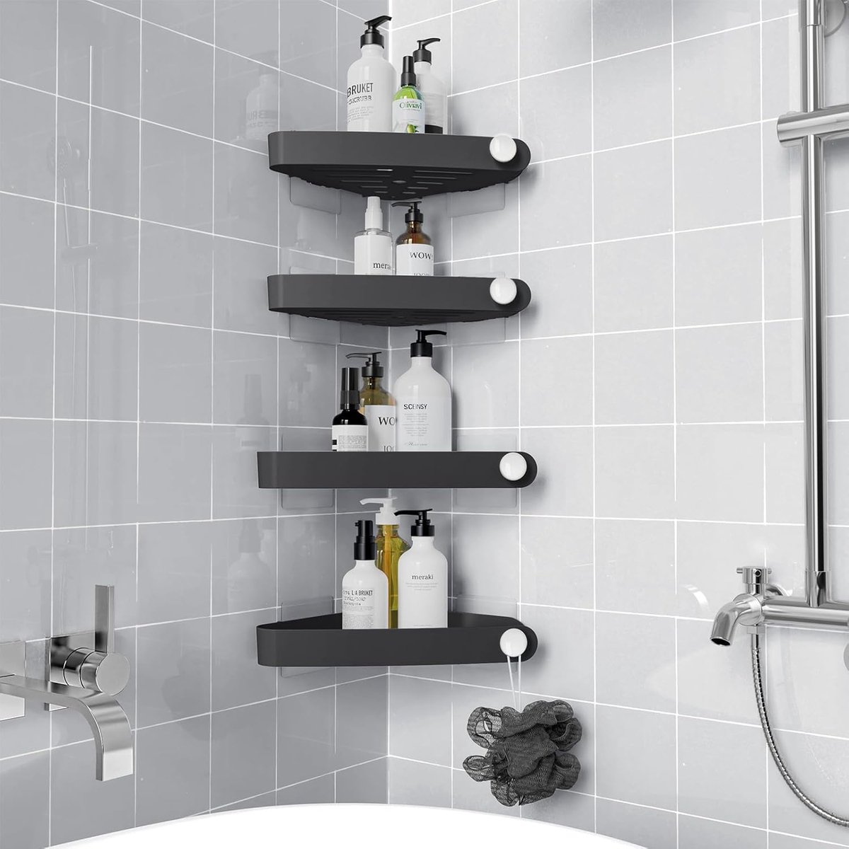 SnelShoppen - 4 Pack Hoek Douchehouder zonder Boren, Muurbevestiging met Krachtige Lijm, Roestvrij Kunststof Douche Organiser voor Badkamer, Keuken, T
