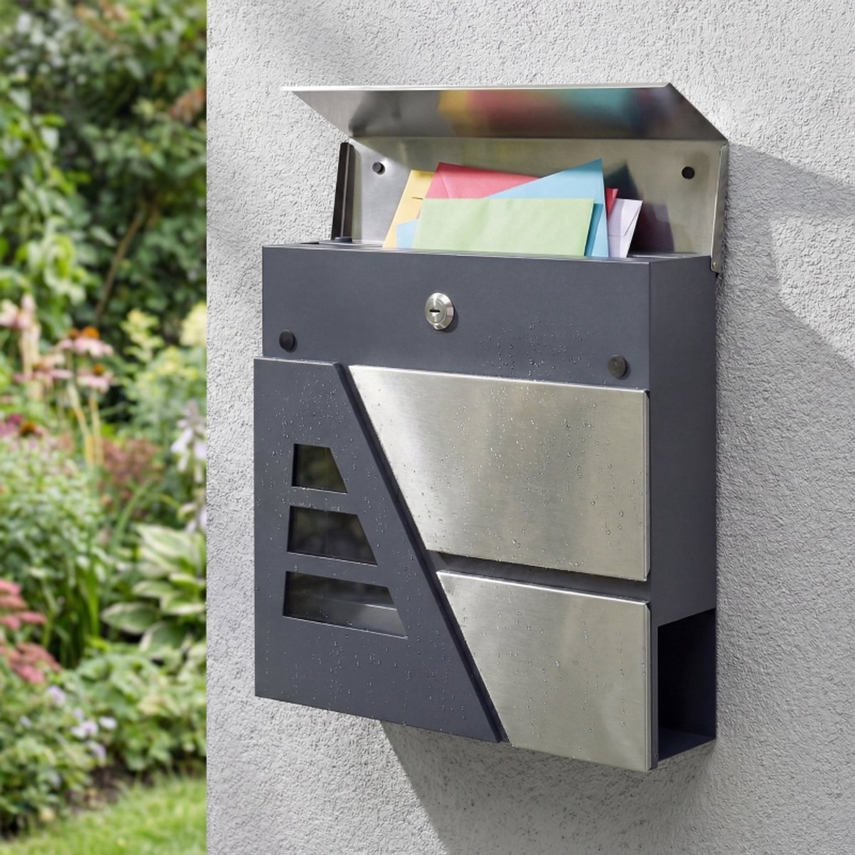 COVREO Wandbrievenbus 37 x 10 x 37 cm - donkergrijs met krantenhouder, slot en 2 sleutels