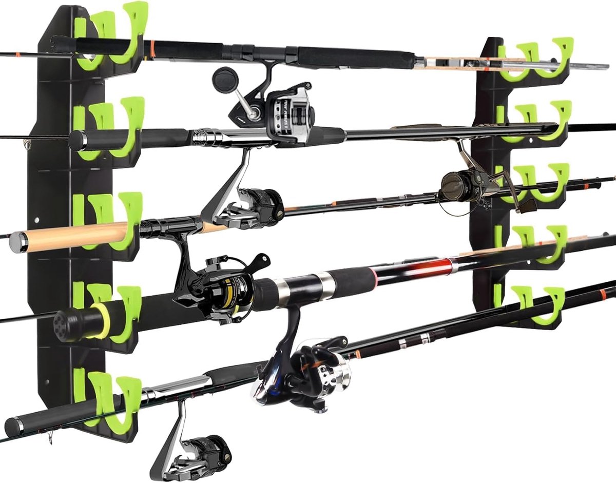 SnelShoppen - Fishing Rod Holder Wand- en Plafondmontage voor 10 Vissenstokken, Robuuste en Duurzame Rod Stand, Ideaal voor Garage en Tackle Opslag, G