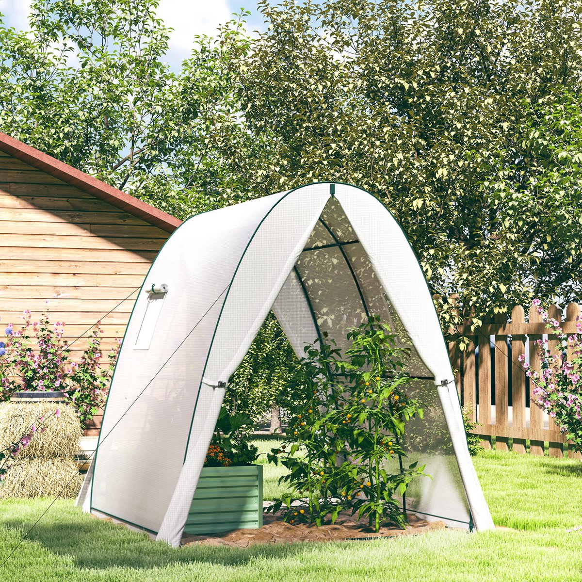 COVREO Tomatenkas 180 x 180 x 200 cm - wit, stalen frame, 2 deuren en 2 zijramen