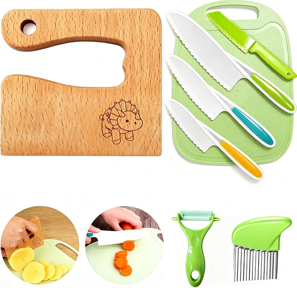 SnelShoppen - 8-Delige Kinderen Keuken Messenset voor Snijden en Koken van Groenten en Fruit - Inclusief Houten Mes, Snijplank, Schiller en Dinosaurus