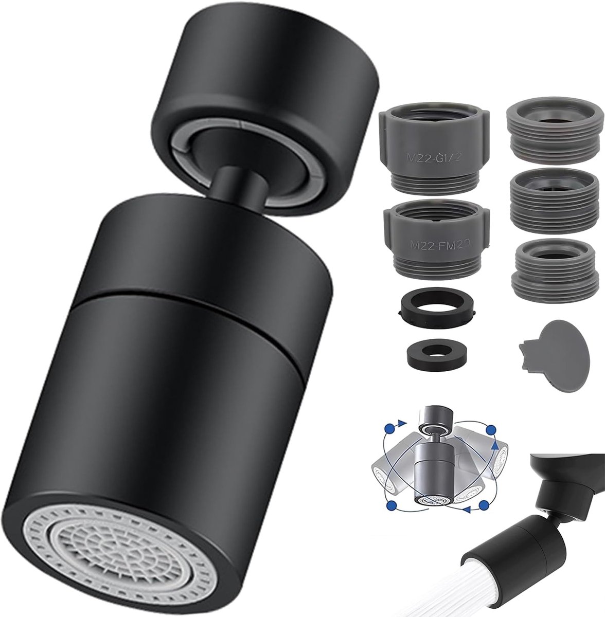 SnelShoppen - 360° Draaibare Straalregelaar met 2 Modi voor Keuken en Badkamer - Universele Spatbescherming met 5 Schroefdraadadapters - Zwart
