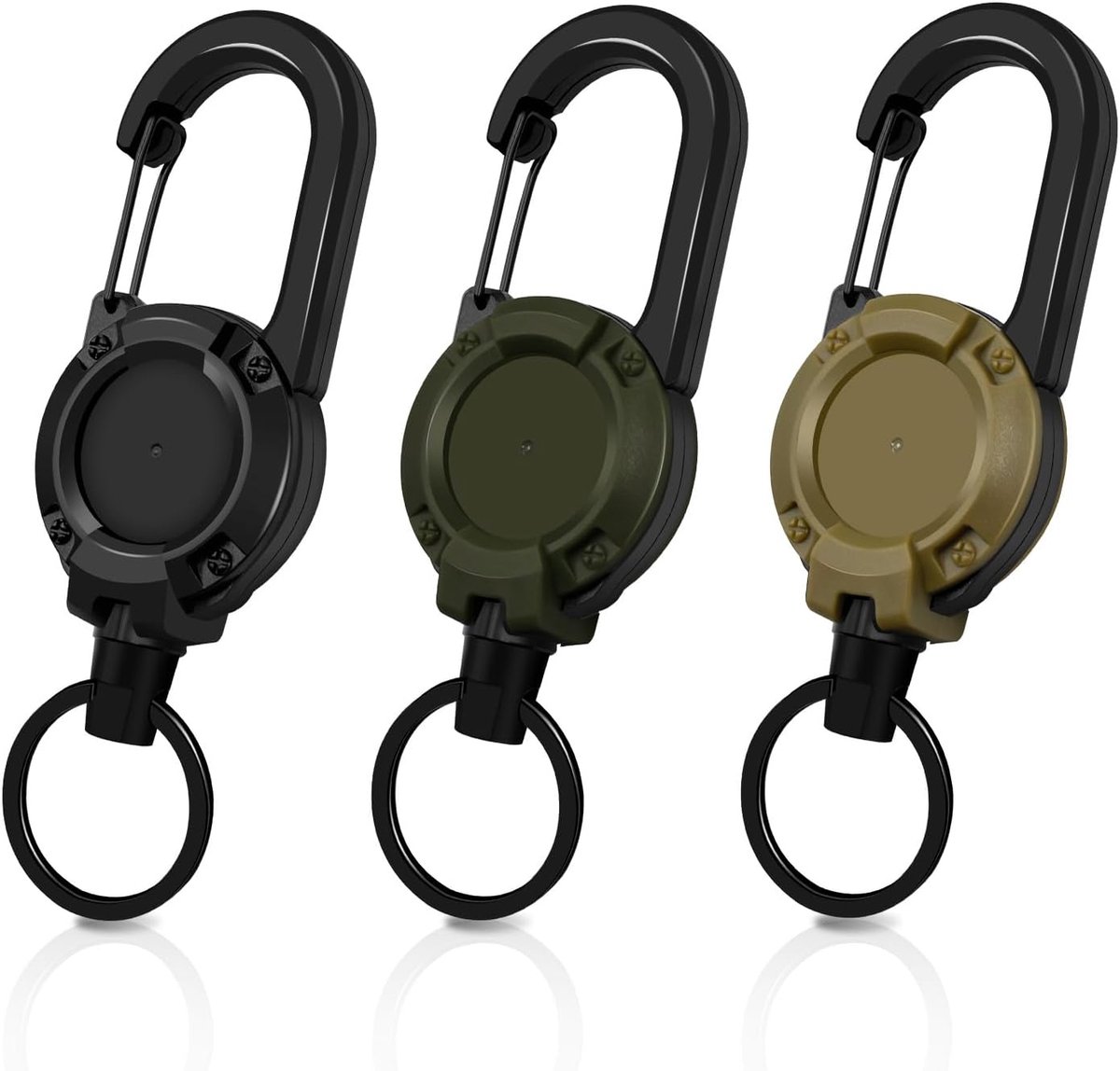 SnelShoppen - 3-Delige Uittrekbare Sleutelhanger JoJo met 60 cm Stalen Draad ID Kaart Houder - Uitbreidbaar met Karabijnhaak (Zwart + Groen + Khaki)