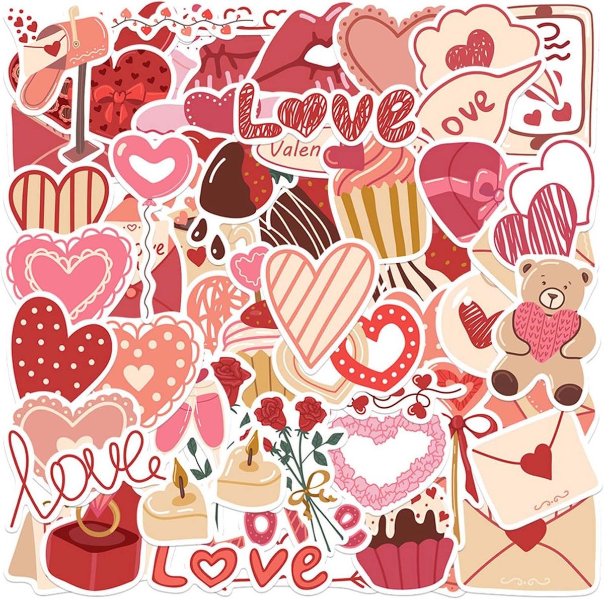 Thijox - 58 Stuks Liefdesstickers, Valentijnsdag, Esthetische Waterdichte Vinyl Stickers met Hartmotieven voor Laptop, Fotoalbum, Bullet Journal