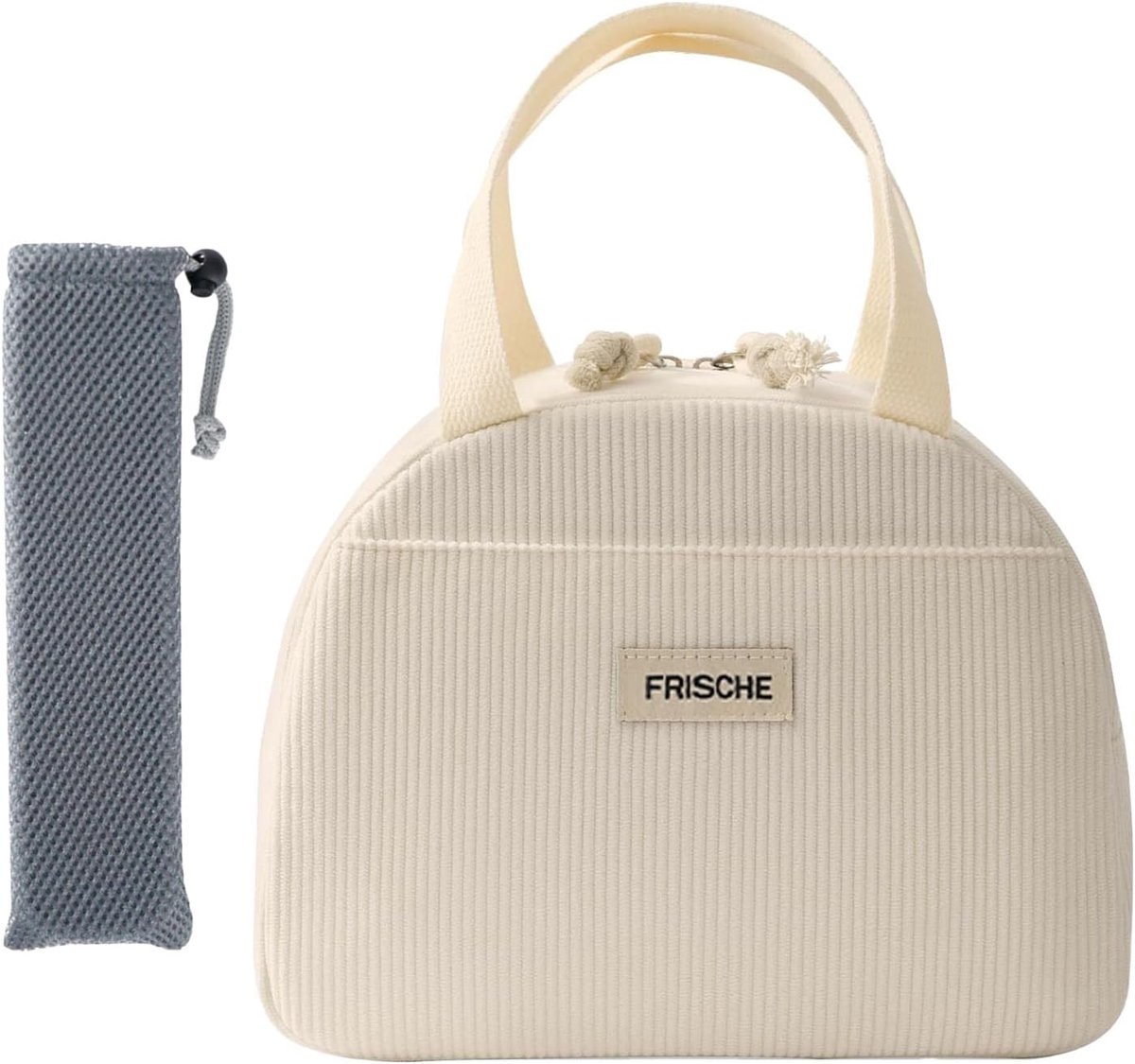 Thijox - Geïsoleerde Lunchtas voor Vrouwen - Stijlvolle Corduroy Koeltas met Bestekzakje - Ideaal voor Kantoor, School en Picknick - Beige, Zwart en P