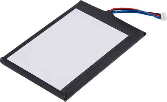 Zwarte Nintendo Switch batterij met een witte sticker en gekleurde draadjes, schuin gehouden.