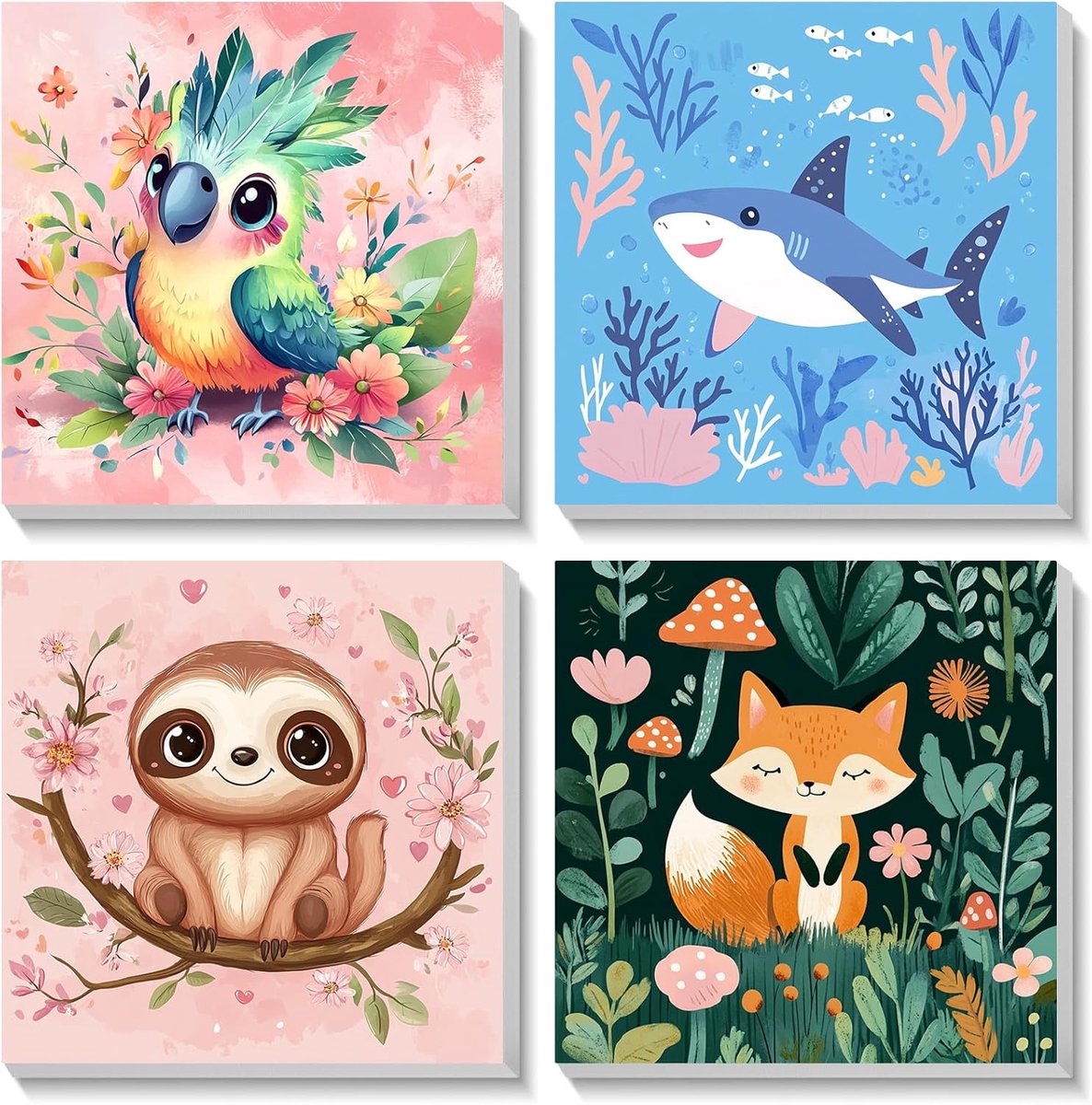 SnelShoppen - Set van 4 Dieren Schilderen op Nummer voor Kinderen en Volwassenen, Canvas Schilderij met Houten Lijst, 20x20cm, Acryl Verf, Perfect voo
