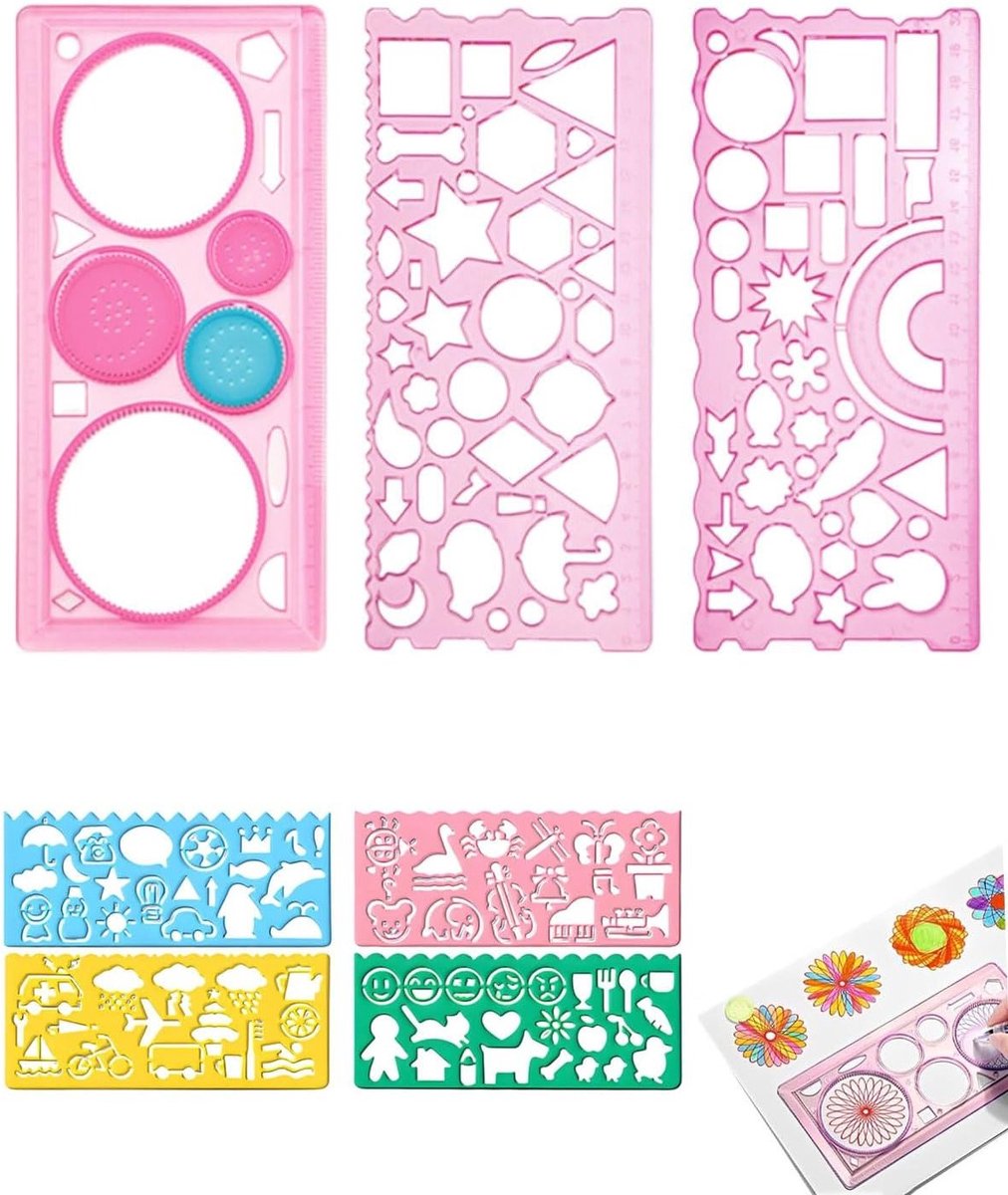 Dieren Schablonen voor Kinderen - Kunststof Tekenmalen, Creatieve Tekenhulpmiddelen en Schildergereedschap voor Kinderen met Diervormen, 7 Stuks in Roze