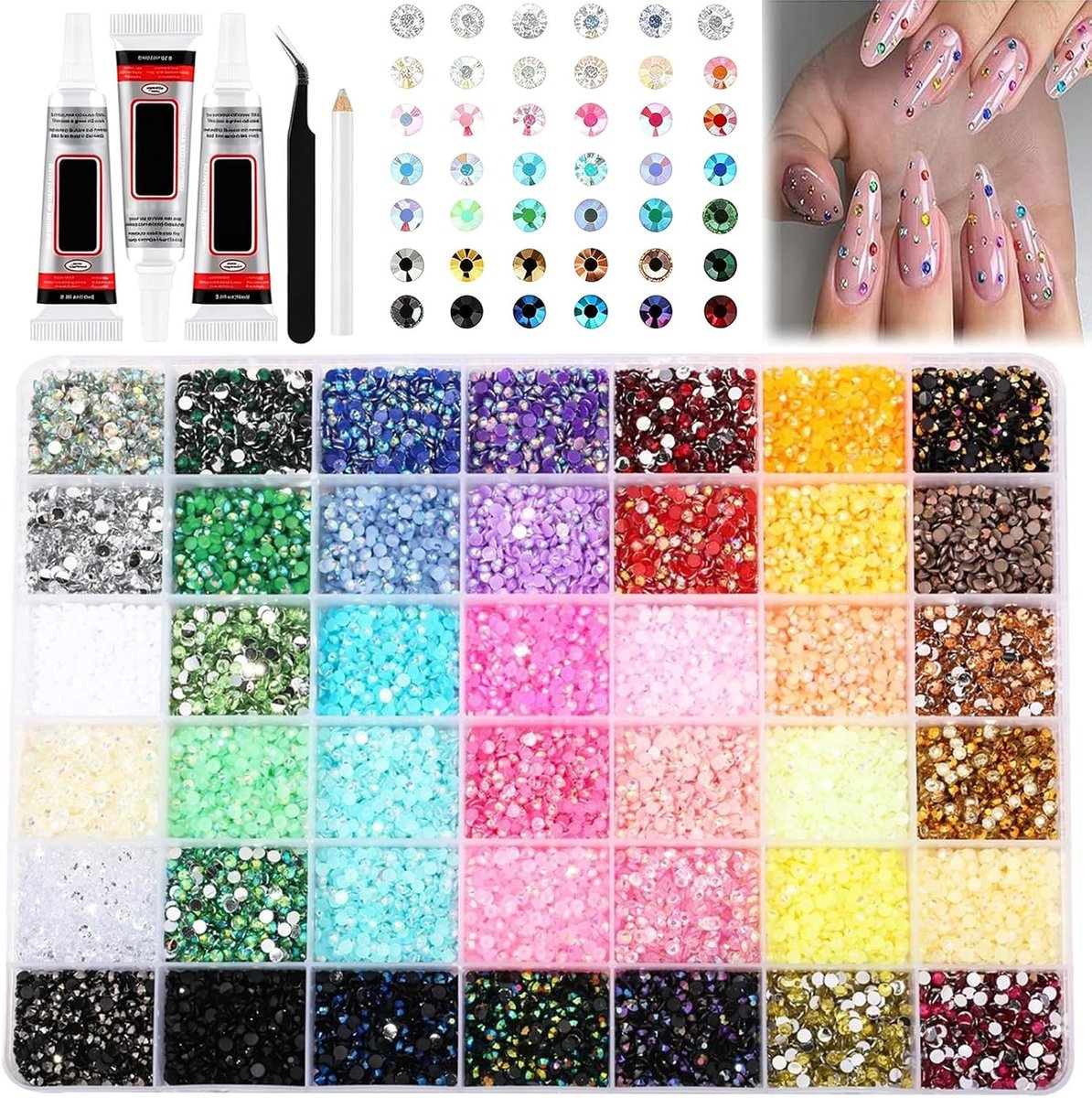 SnelShoppen - Bedazzler Set van 32.000 Hars-Strassteentjes, 42 Kleuren, 3 mm Glitterstenen met Platte Achterkant en 3 x Lijm en Gereedschap voor Creat
