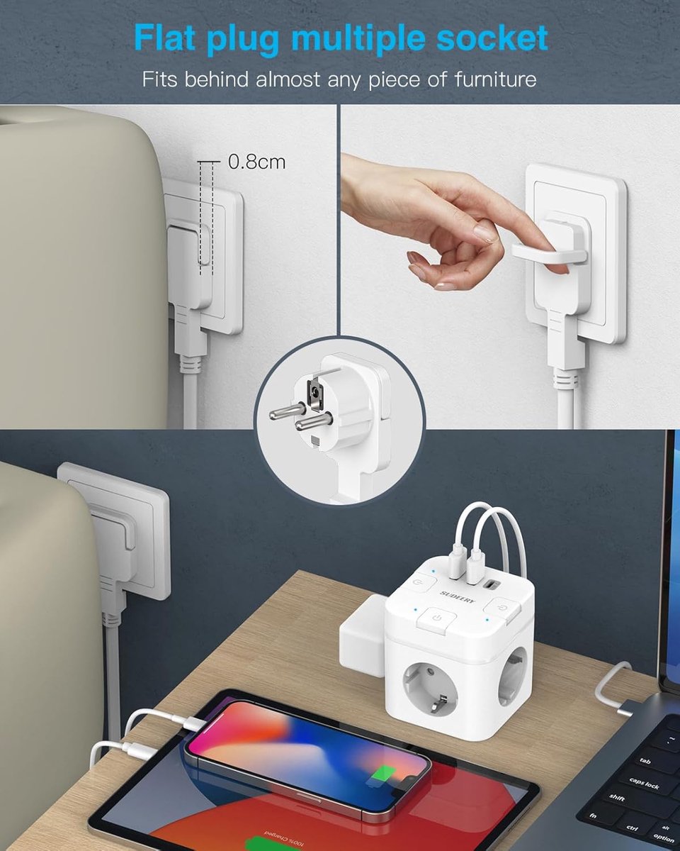 Thijox - 6-in-1 Stekkerkubus met USB C, 3-voudige Kubusvormige Stekkerdoos, Platte Stekker met Afzonderlijk Schakelbaar, Meervoudige Stekker voor Thui