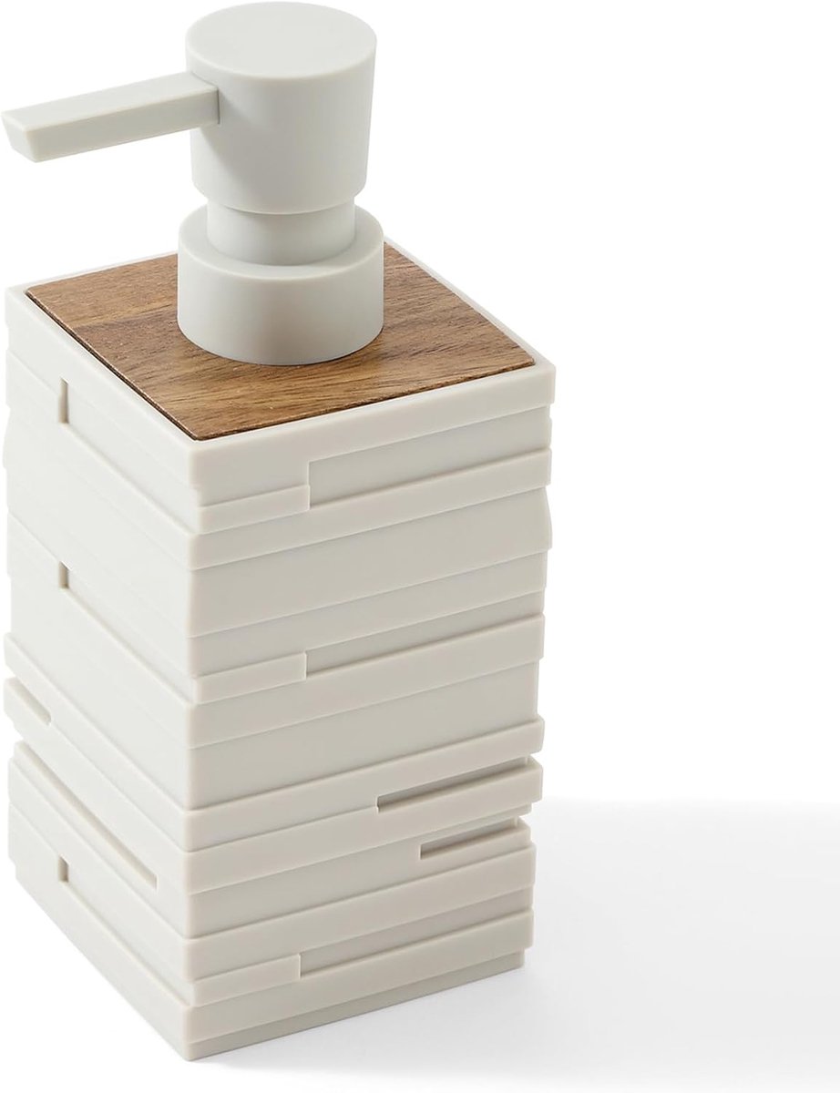 SnelShoppen - Beige Zeepdispenser met Teakhouten Accent, Houten Zeepdispenser voor Badkamer en Keuken, Moderne Badkameraccessoires, Geometrisch Design