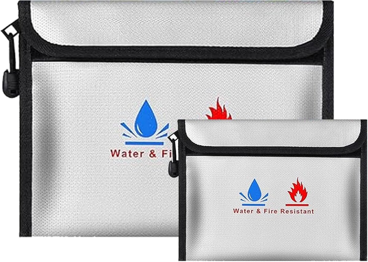 SnelShoppen - Fireproof Document Bag Set van 2 - Kleine en Medium Brandwerende Waterdichte Tas voor Documenten, Paspoort, Geld, Waardevolle Spullen (G