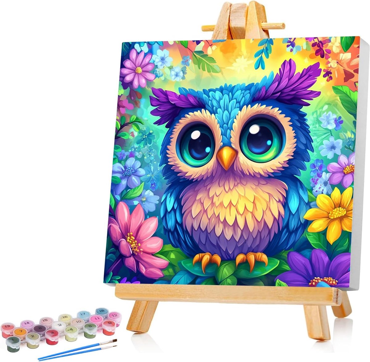 SnelShoppen - Schilderen op Nummer Uil voor Kinderen met Lijst - Schattige Dieren Schilderij - 20x20cm - Creatieve Activiteit voor Kinderen van 5 tot