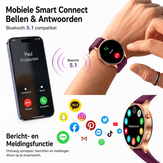 Paarse smartwatch met rosegouden kast, getoond met telefooninterface voor bellen en iconen van sociale media.