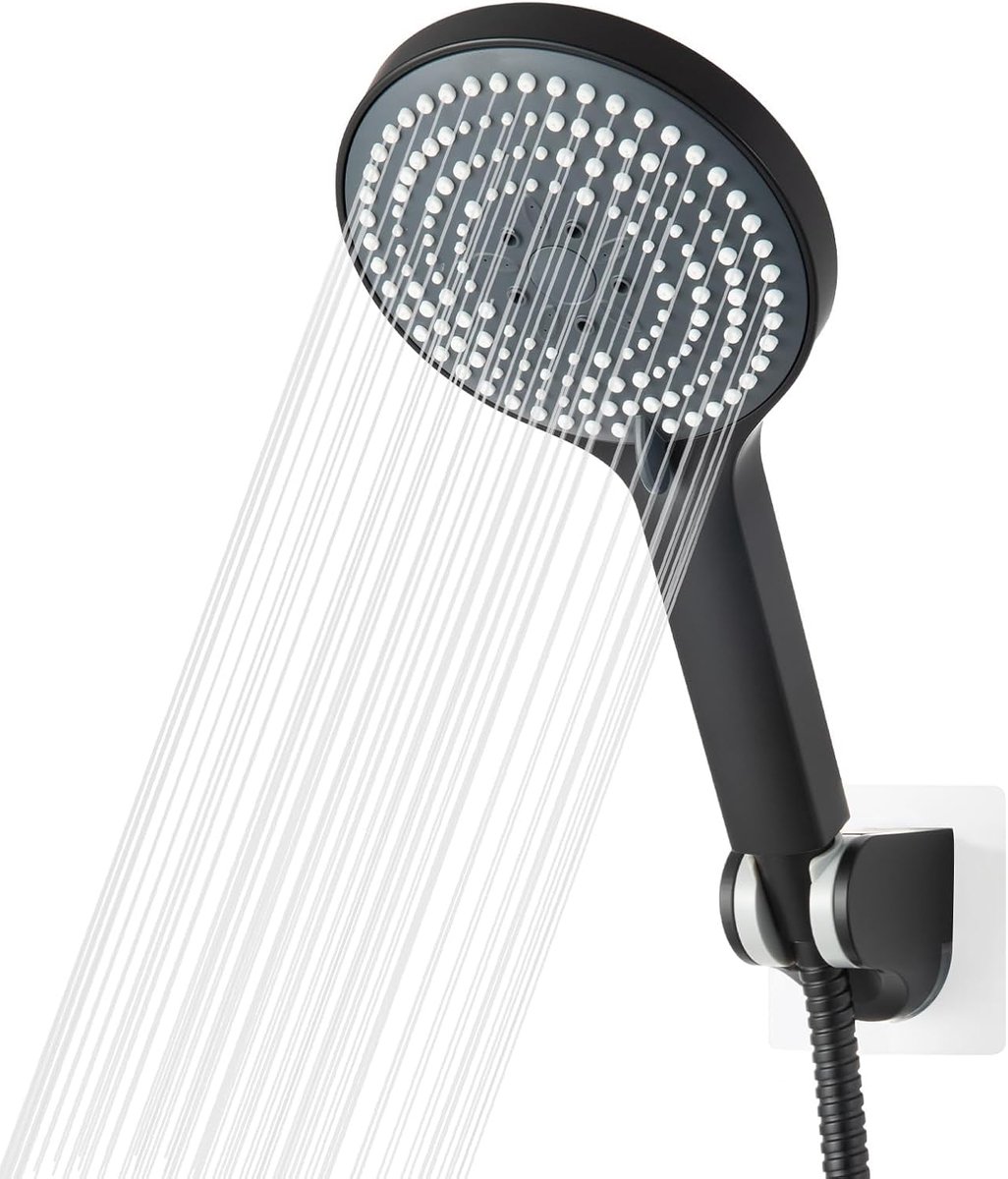 SnelShoppen - Handdouche met 6 Massagestanden, Waterbesparende Doucheslang 1.6m, Grote Douchespray Ø130mm, Zwart, Ideaal voor Badkamer en Douche