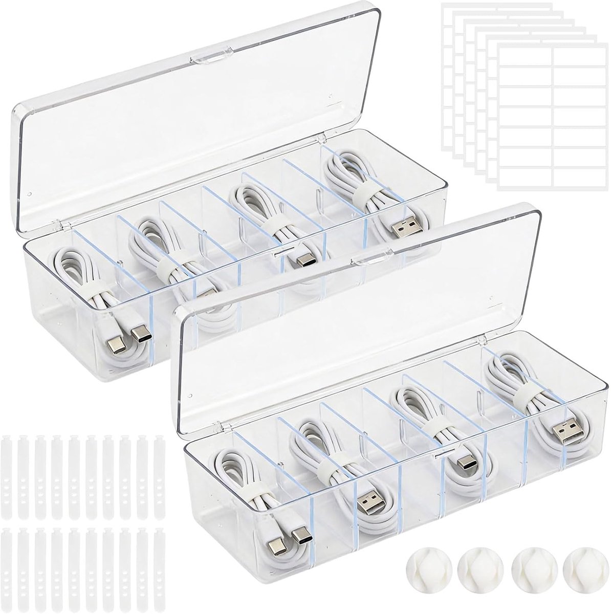 SnelShoppen - 2 Stuks Kabel Organizer Set - Transparant Plastic, 26.5 x 10 x 7.5 cm, Met 8 Compartimenten, 20 Kabelbinders, 4 Kabelclips & 6 Stickers