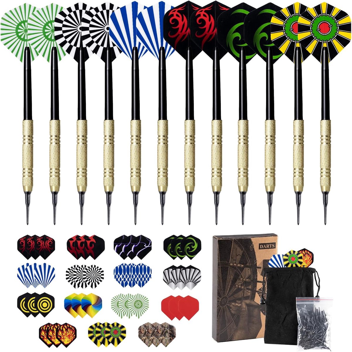 Dartpijlen Set Softdarts met Kunststof Punten, 14g - Inclusief 12 Darts, 45 Flights & 100 Reservepunten