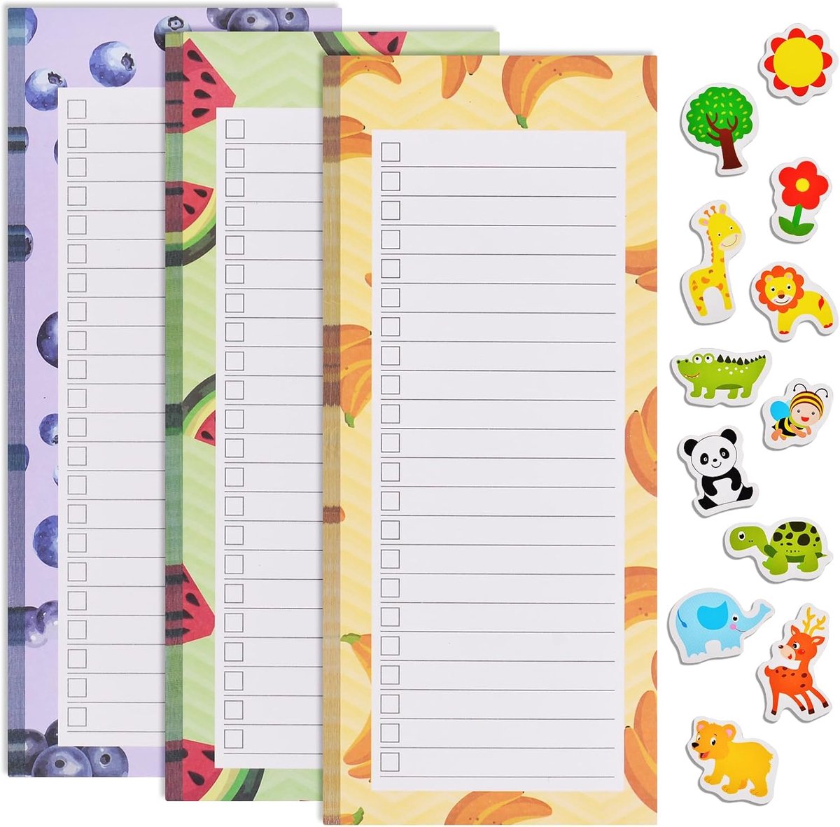 SnelShoppen - Set van 3 Magnetische Notepads voor de Koelkast - Fruit Design - 50 Vellen per Pad - Inclusief 12 Mini Koelkastmagneten - Perfect voor B