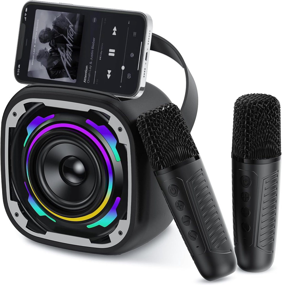 SnelShoppen - Karaoke Machine voor Kinderen en Volwassenen, Draadloze Bluetooth Speaker met 2 Microfoons, Dynamisch Licht, Telefoonhouder en Taalwisse