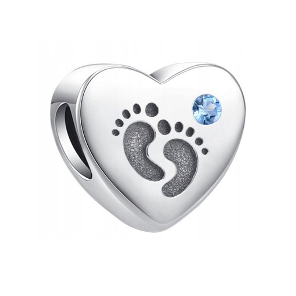 Fler® | Bedel | Past op populaire bedelarmbanden (standaard - 3mm) | Hart Bedel met Babyvoetjes | Hangbedel Charm | 925 sterling zilver | Blauwe Zirkonia | Valentijnsdag Cadeau | Sinterklaas kado | Kerstcadeau | Verjaardagsgeschenk | Vriendschap