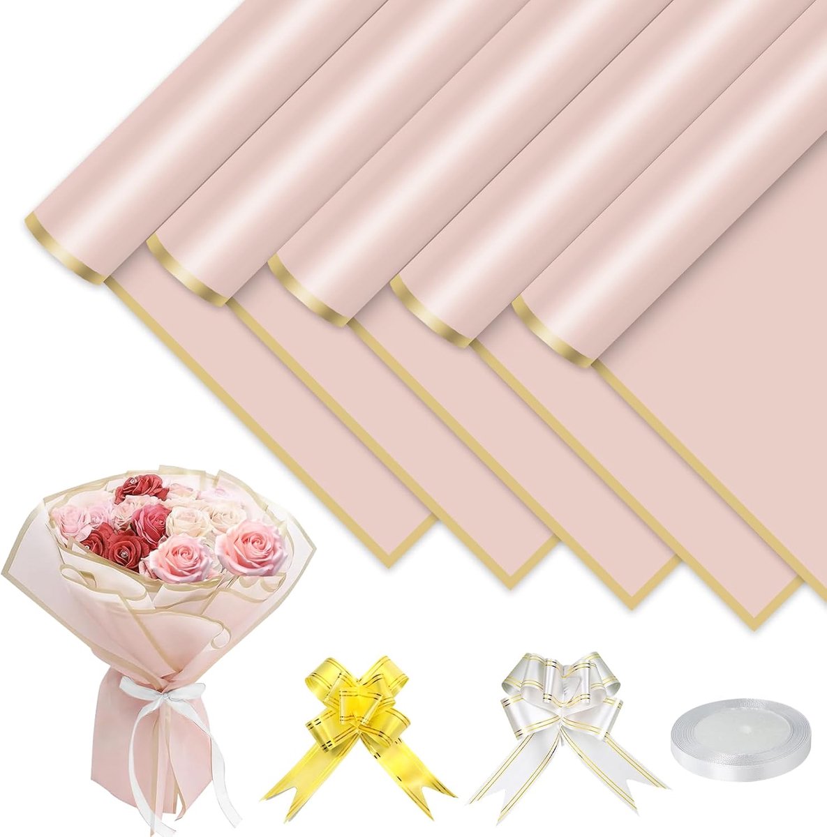 SnelShoppen - 25 Vellen Waterdicht Roze Bouquet Papier met Gouden Rand, 58x58 cm, Inclusief Tape en Witte Riem voor Cadeau Verpakking, Bloemschikken e