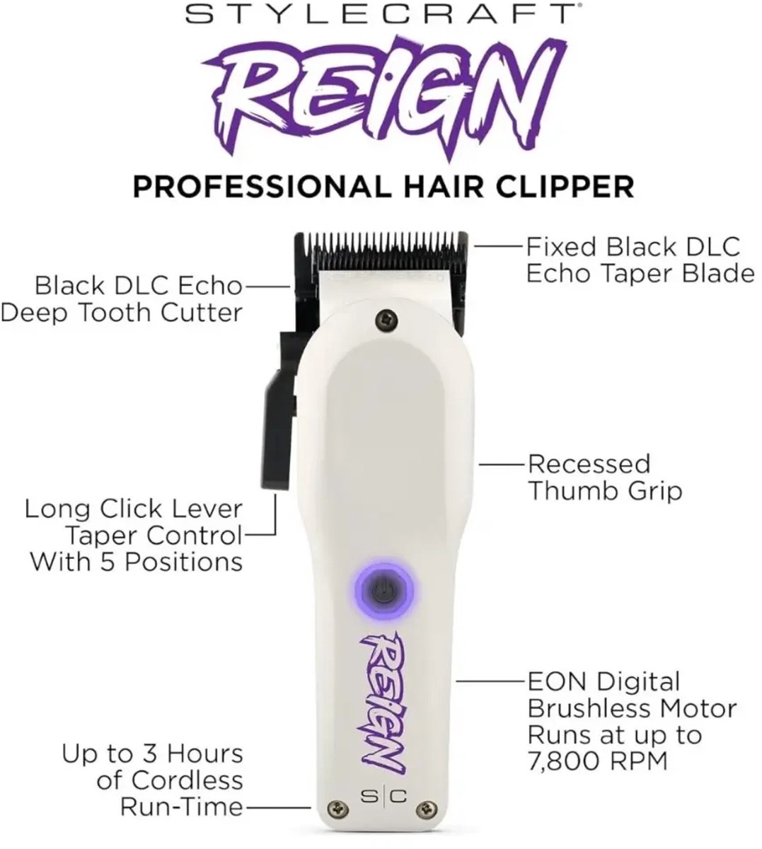 Stylecraft Reign Clipper Wit – Professionele Draadloze Tondeuse – 7.800 RPM – 3 Uur Accuduur
