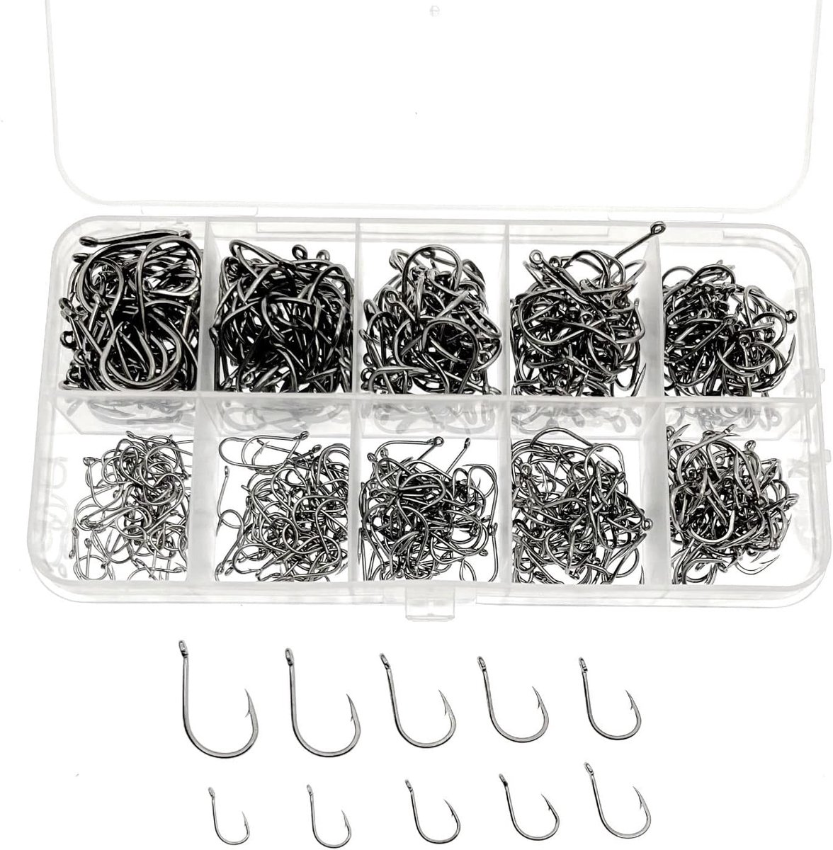 SnelShoppen - 600pcs Assorted Fishing Hooks - Carbon Steel Barbed Visserij Haakjes met Ogen in Plastic Opbergdoos - Maten 3 t/m 12 voor Hoge Vangst Ka