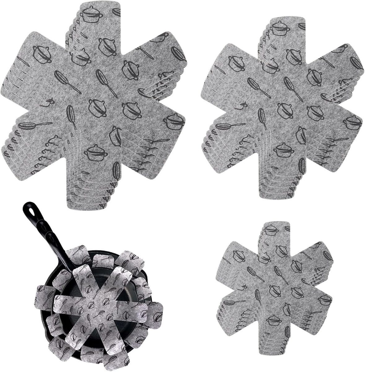 Thijox - 15 stuks Vilt Pannenbeschermer - Antislip Stapelbescherming voor Pannen, Kommen en Keukengerei - Grijs - 3 Maten (38/35/26 cm) - Ideaal voor